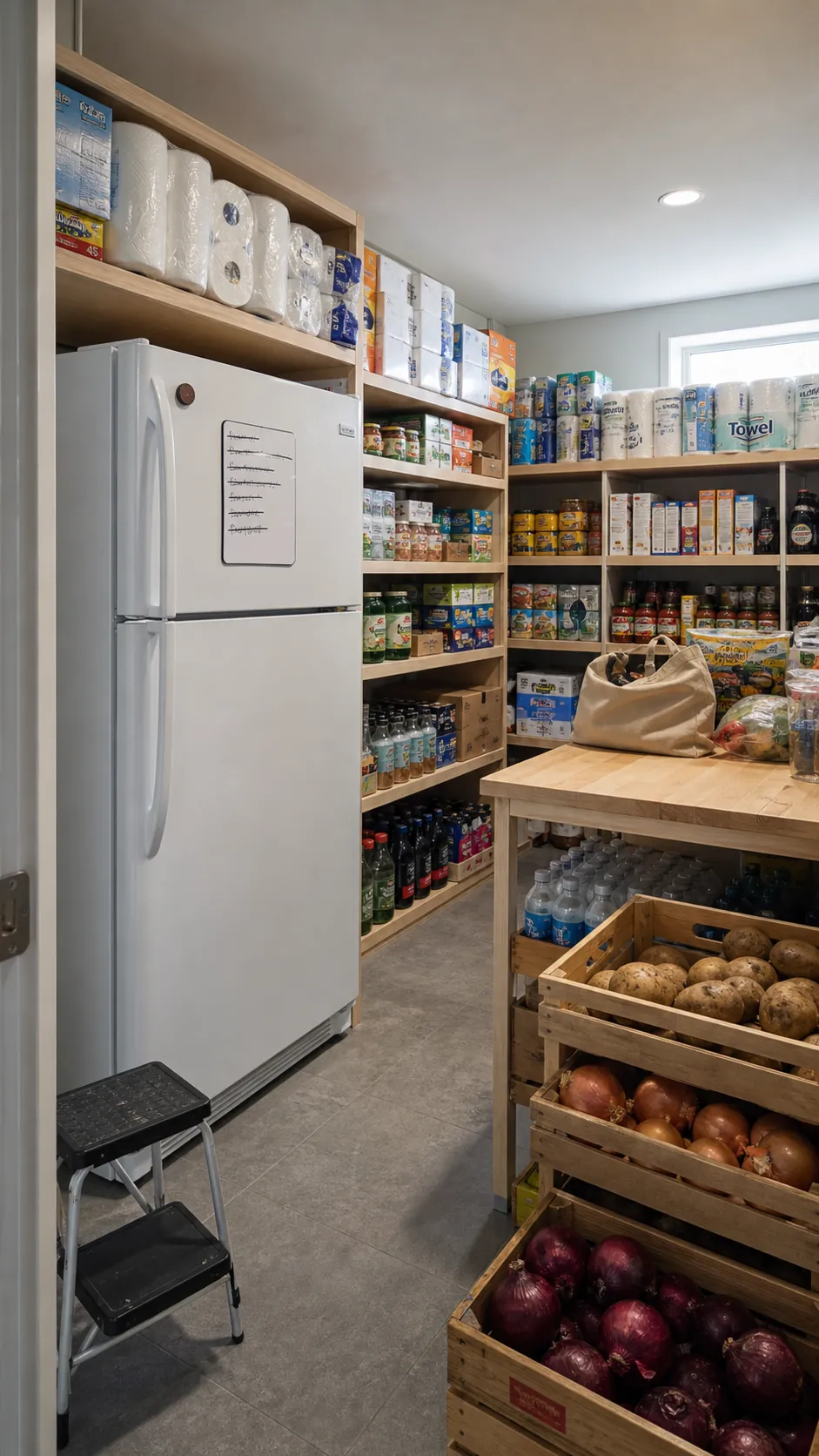 Large walk-in pantry with second refrigerator for bulk groceries