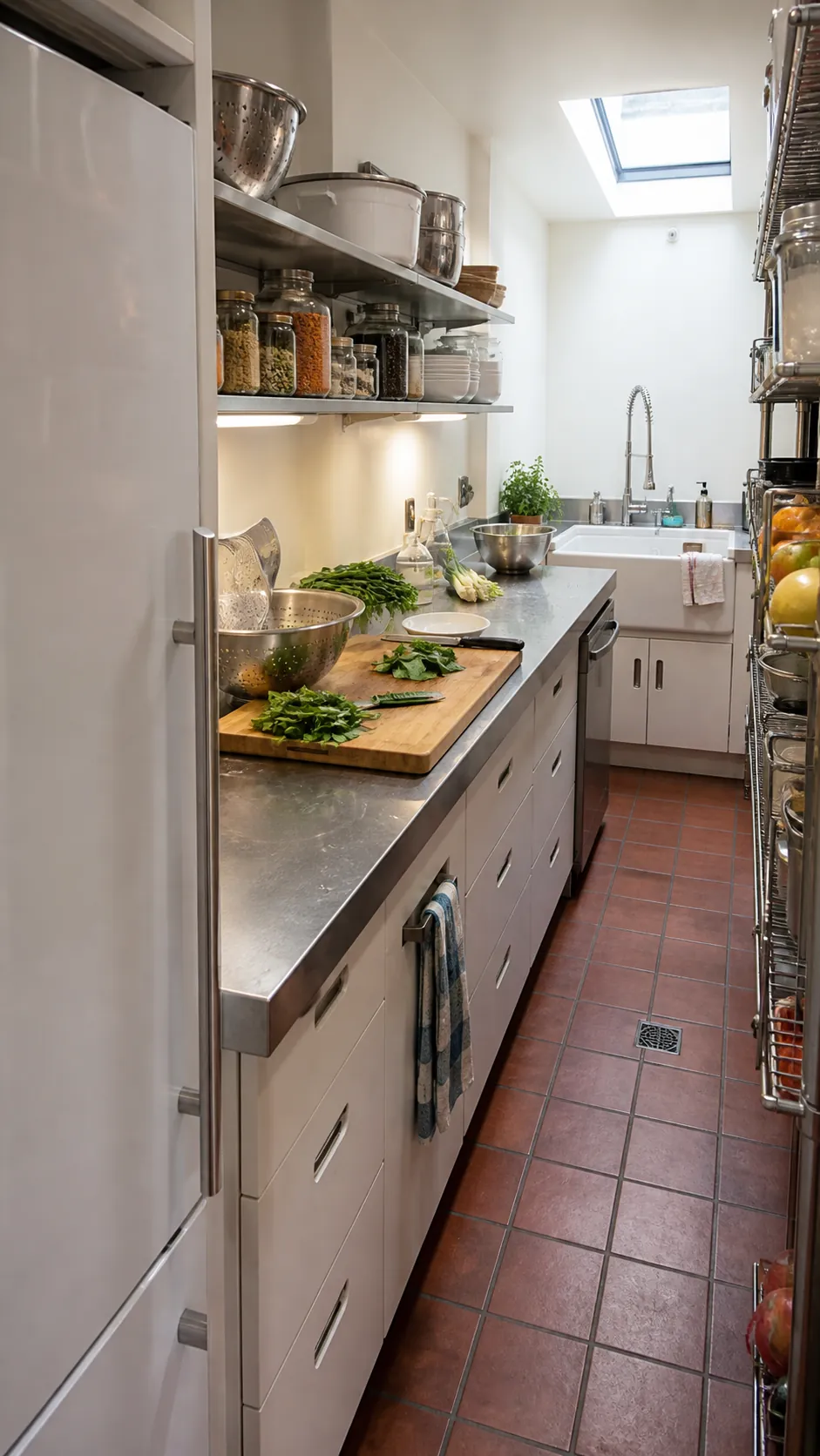 Scullery-style pantry with refrigerator and long food preparation counter
