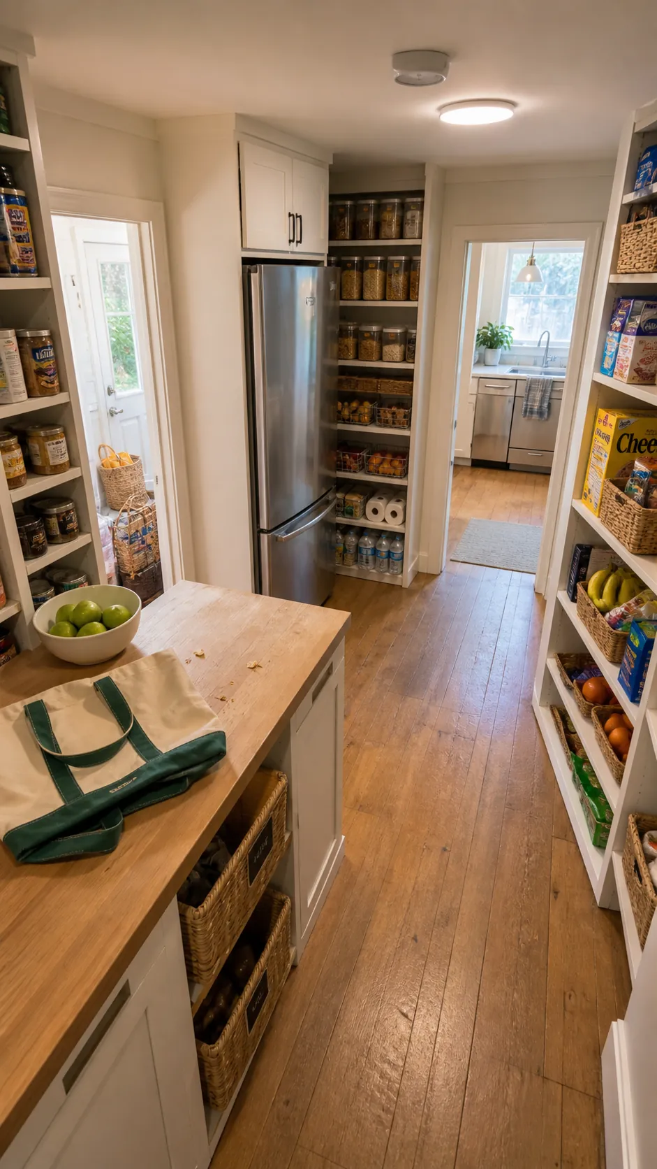 Functional walk-in pantry designed around fridge access and daily movement