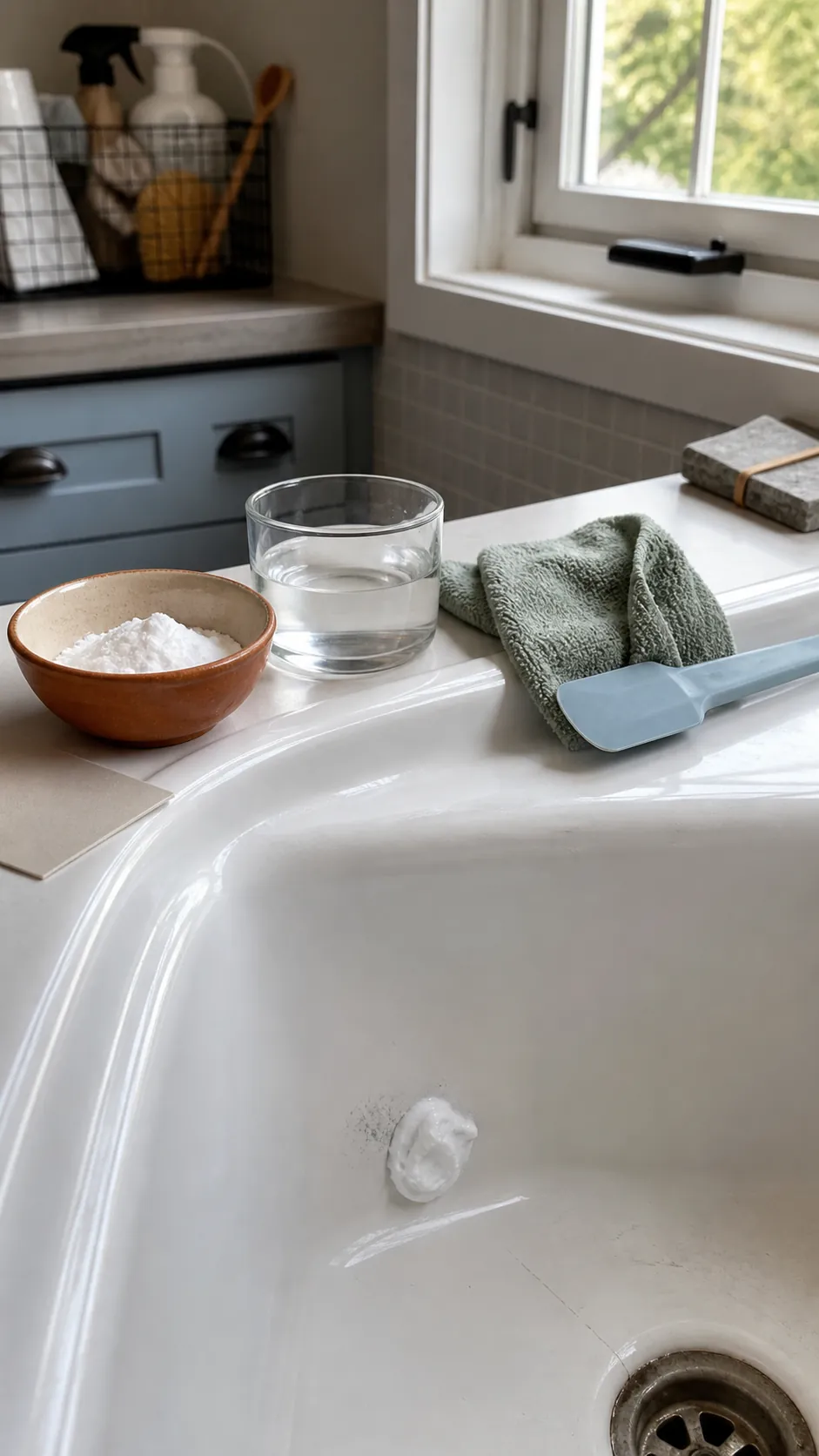 Small surface-safe cleaning paste being spot-tested on a durable sink