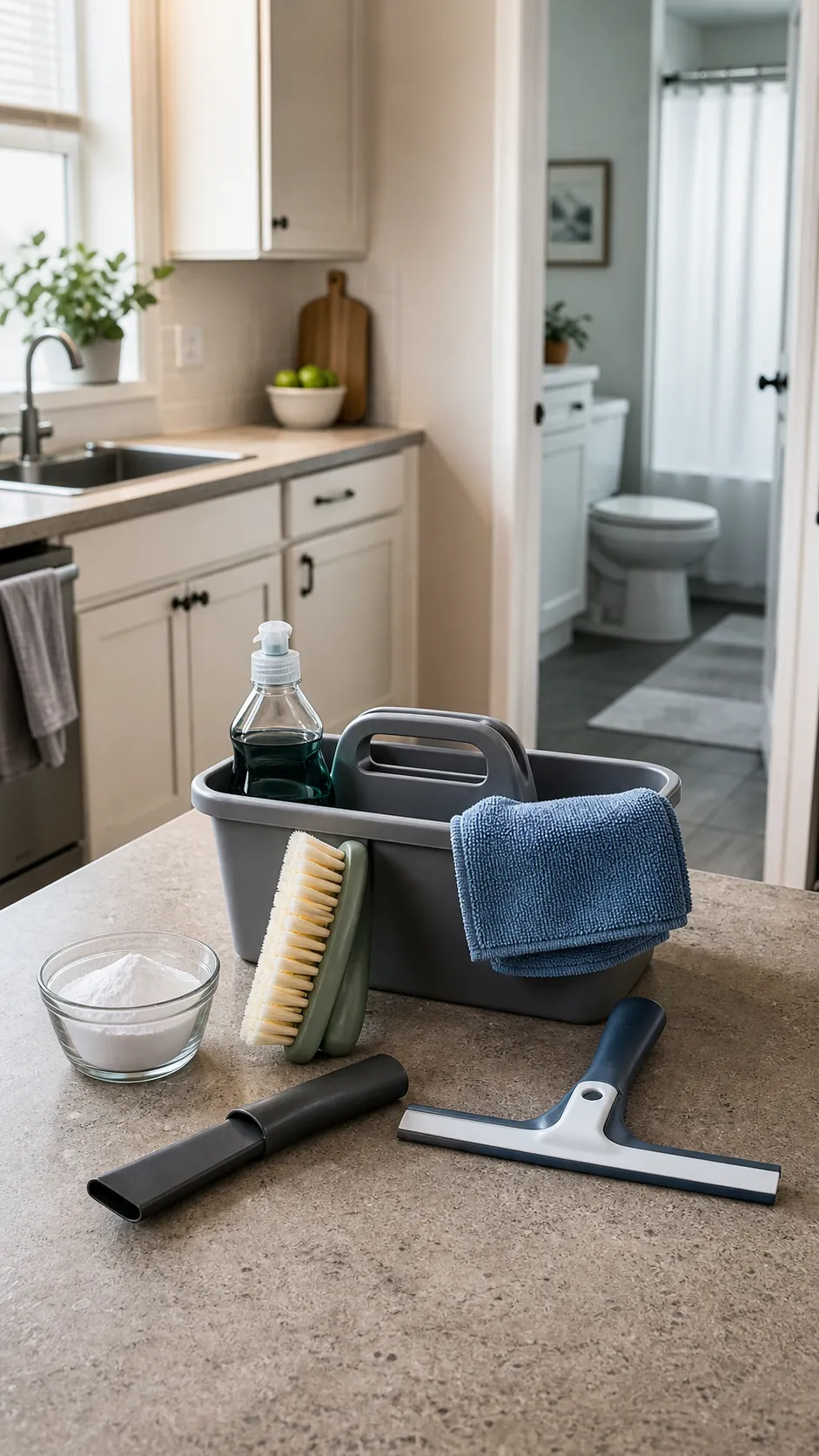 Practical household cleaning tools arranged in a bright lived-in home