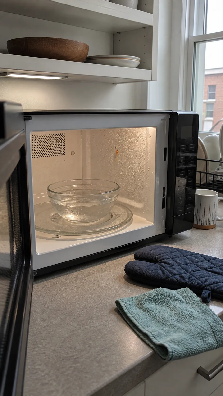 Microwave-safe bowl of water loosening dried splatter before wiping
