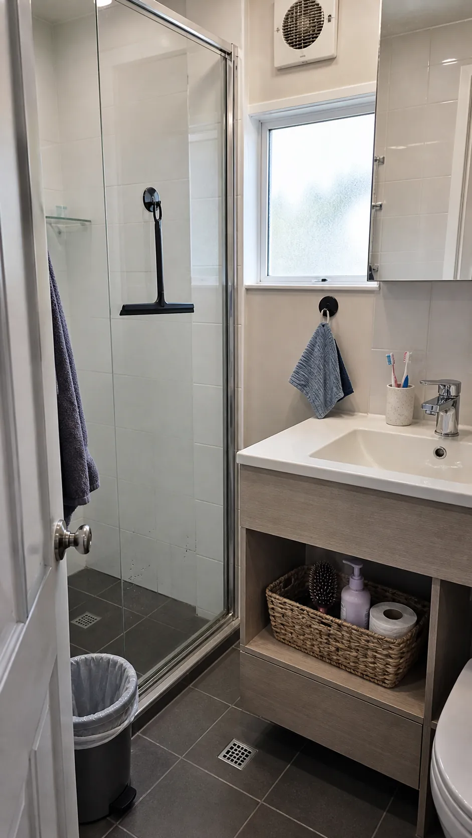 Simple shower squeegee and sink cloth positioned for a quick daily reset