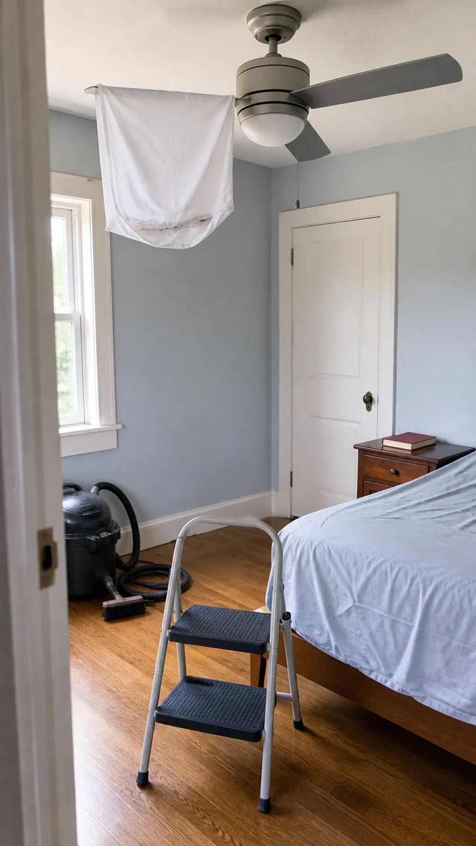 Washable pillowcase safely trapping dust from a stationary ceiling fan blade