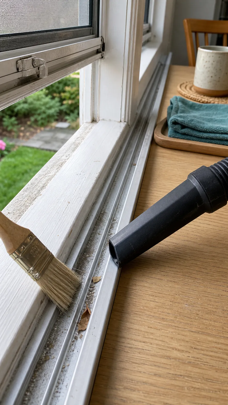Crevice tool and soft brush removing dry debris from a window track