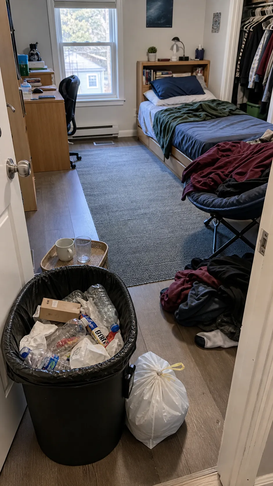 Bedroom first-pass cleanup using one lined rubbish bag near the doorway