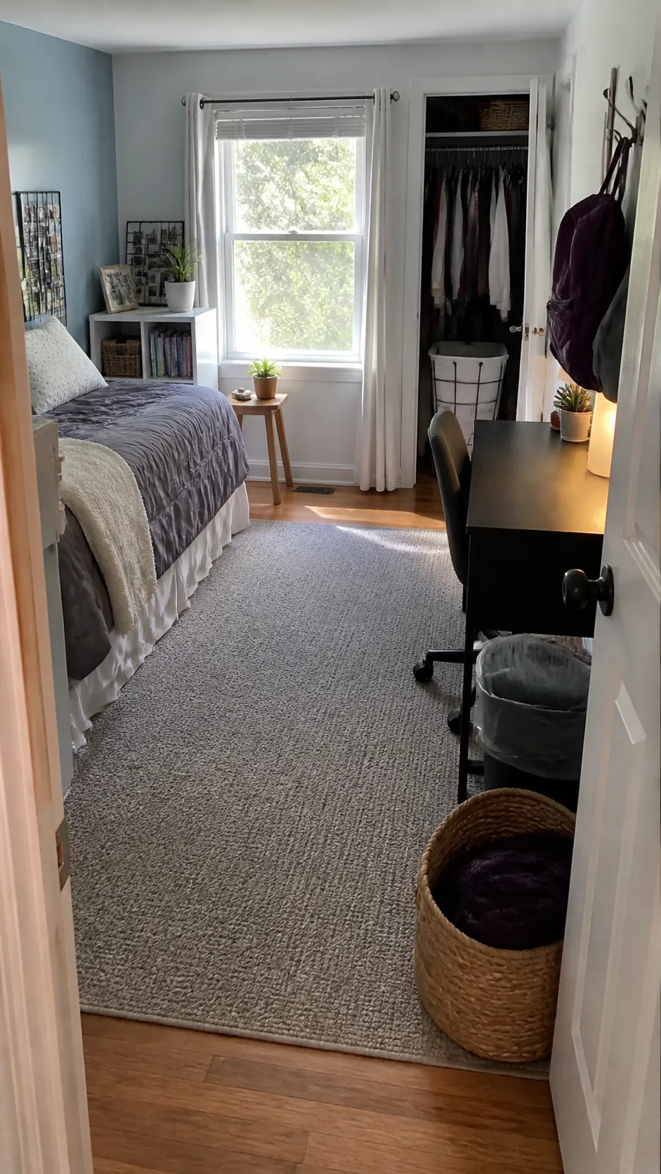 Calm realistic bedroom with a clear path and simple open storage systems