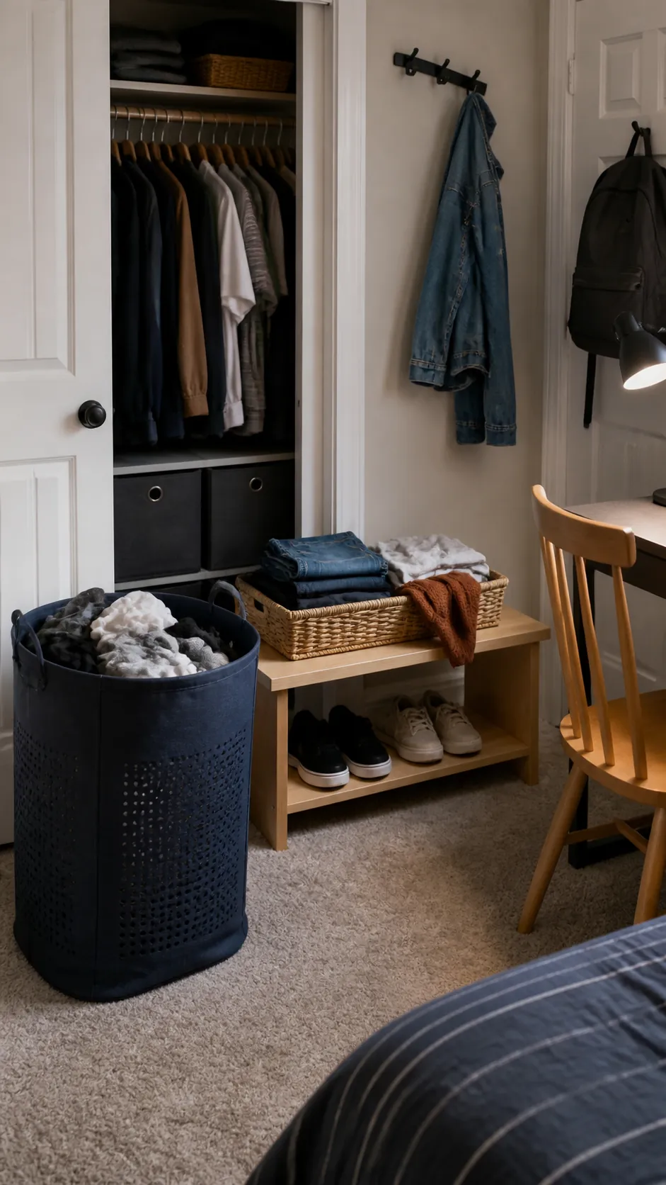 Two-basket bedroom system separating dirty laundry from clean clothes
