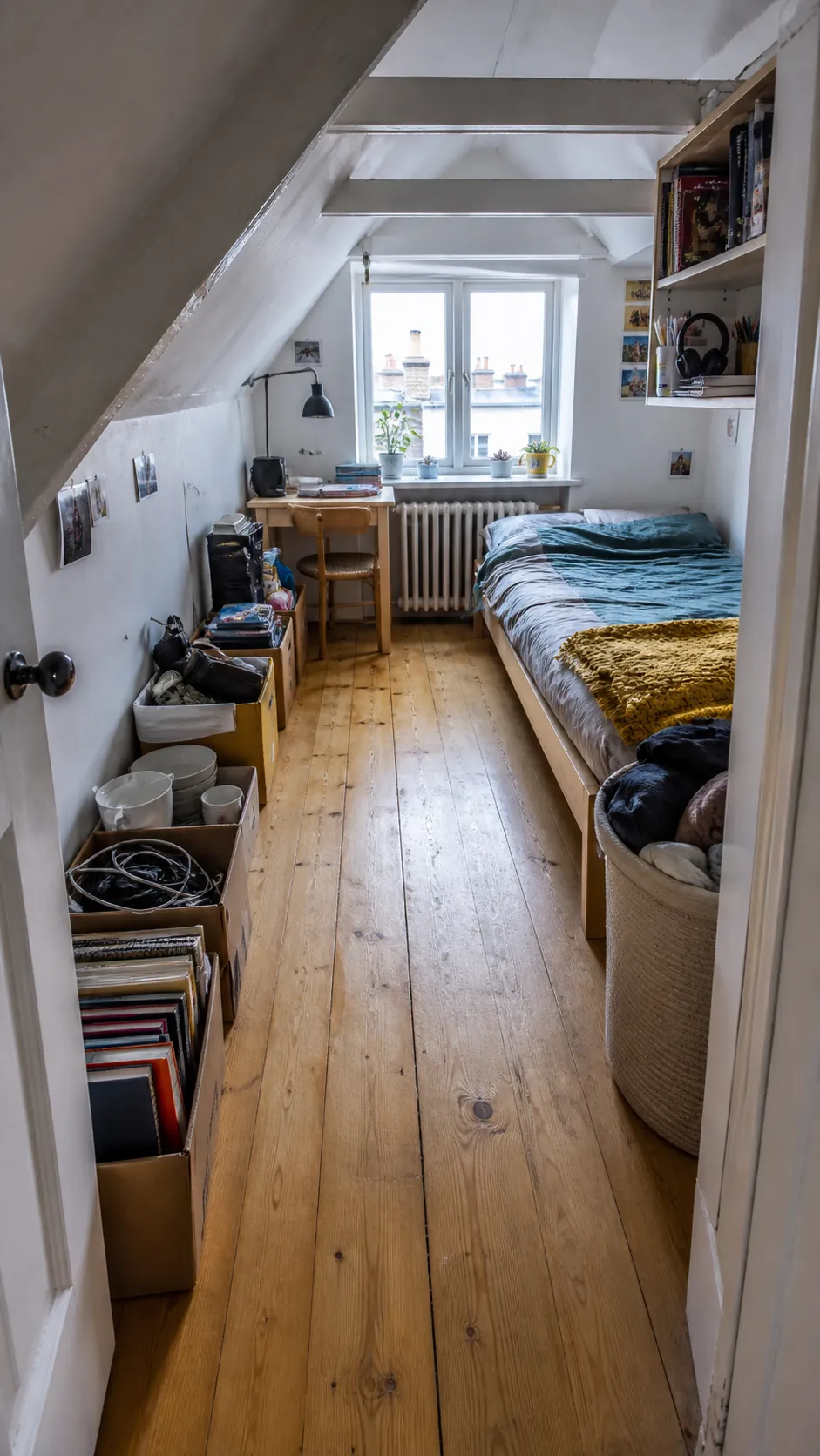 Messy bedroom with a newly cleared safe walkway from door to bed