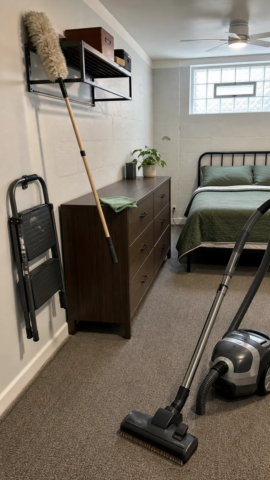 Organized bedroom deep clean progressing from shelves to baseboards and floor