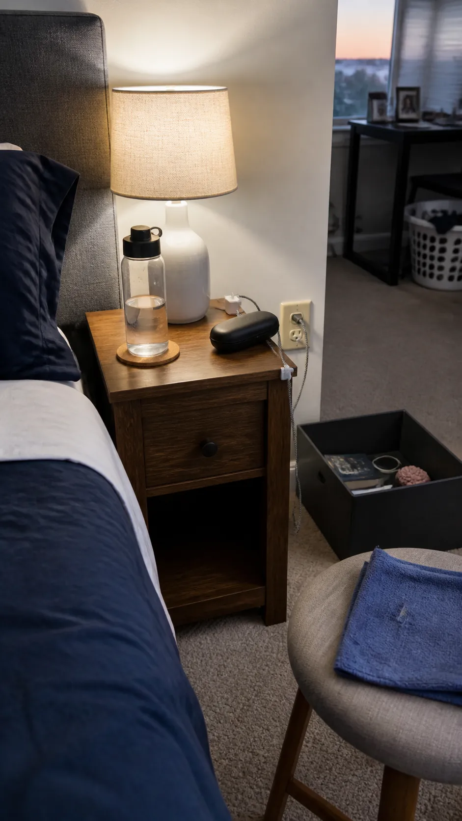 Small bedroom nightstand cleared and reset with only daily essentials