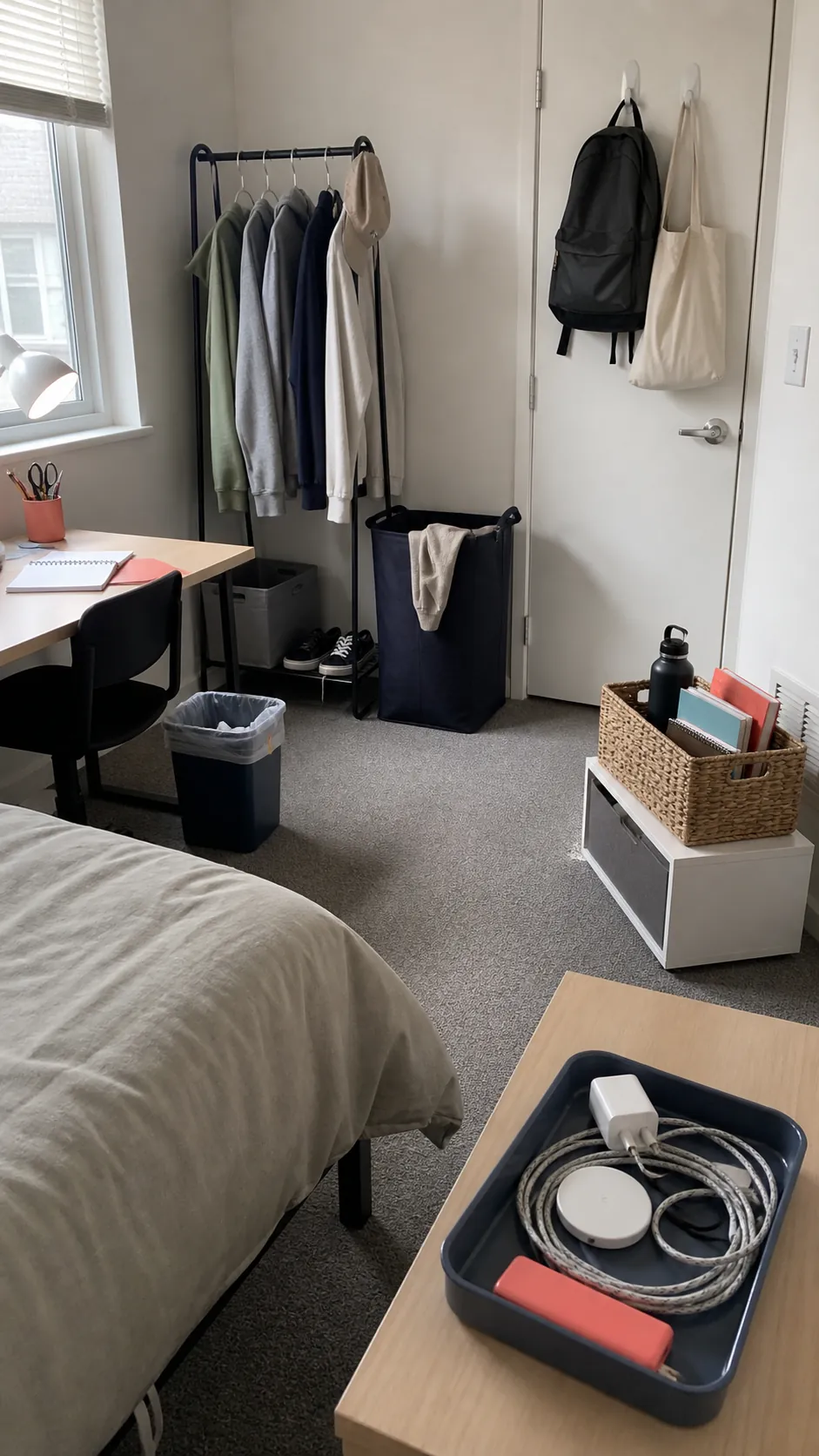 Open bedroom storage with hamper hooks tray and exit basket placed near use
