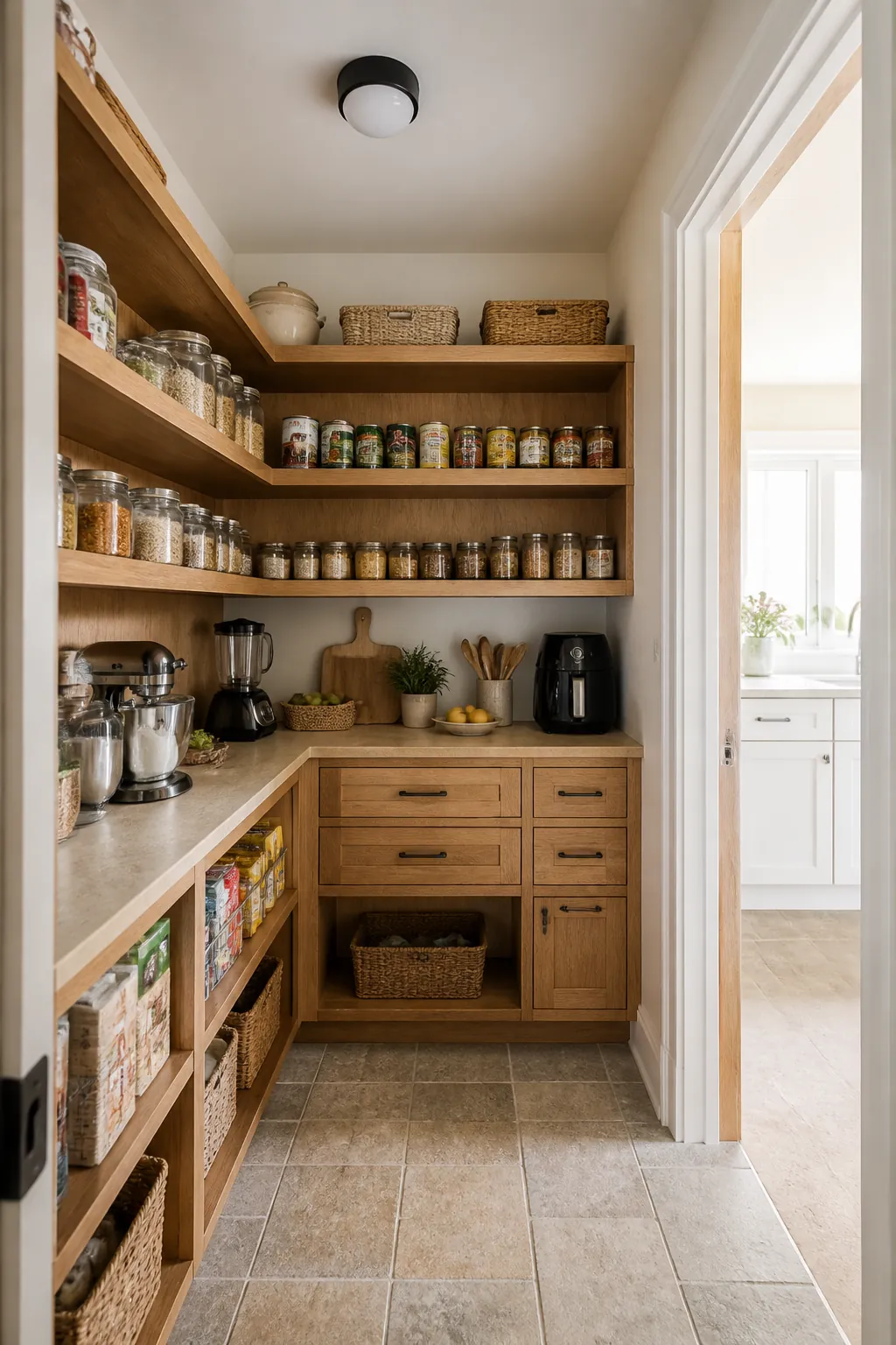 Beautiful functional L-shaped walk-in pantry with open shelving