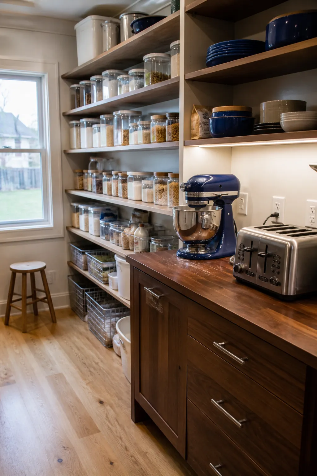 L-shaped pantry with long food shelving and short appliance counter