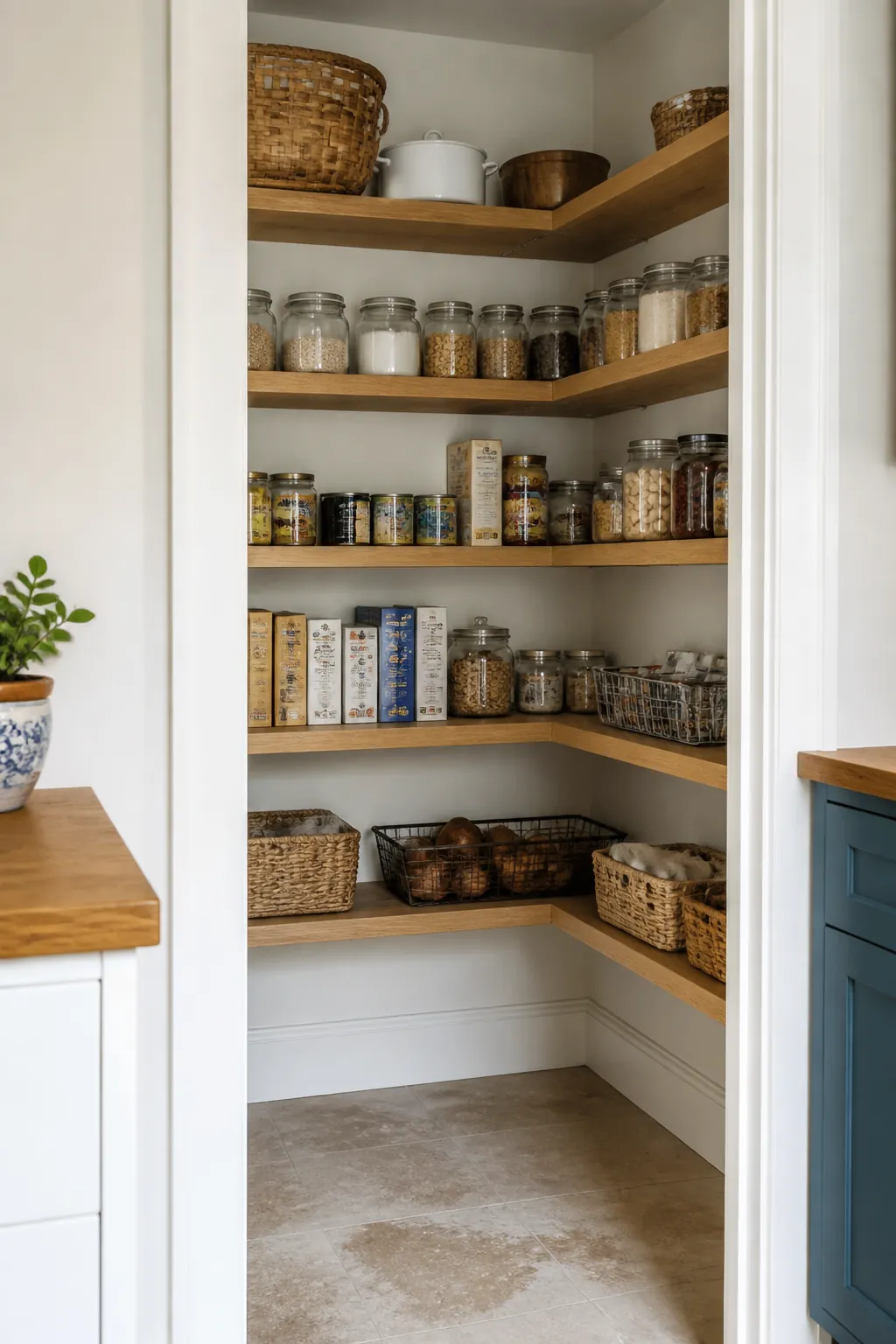 L-shaped pantry with shallow shelves turning a clean inside corner
