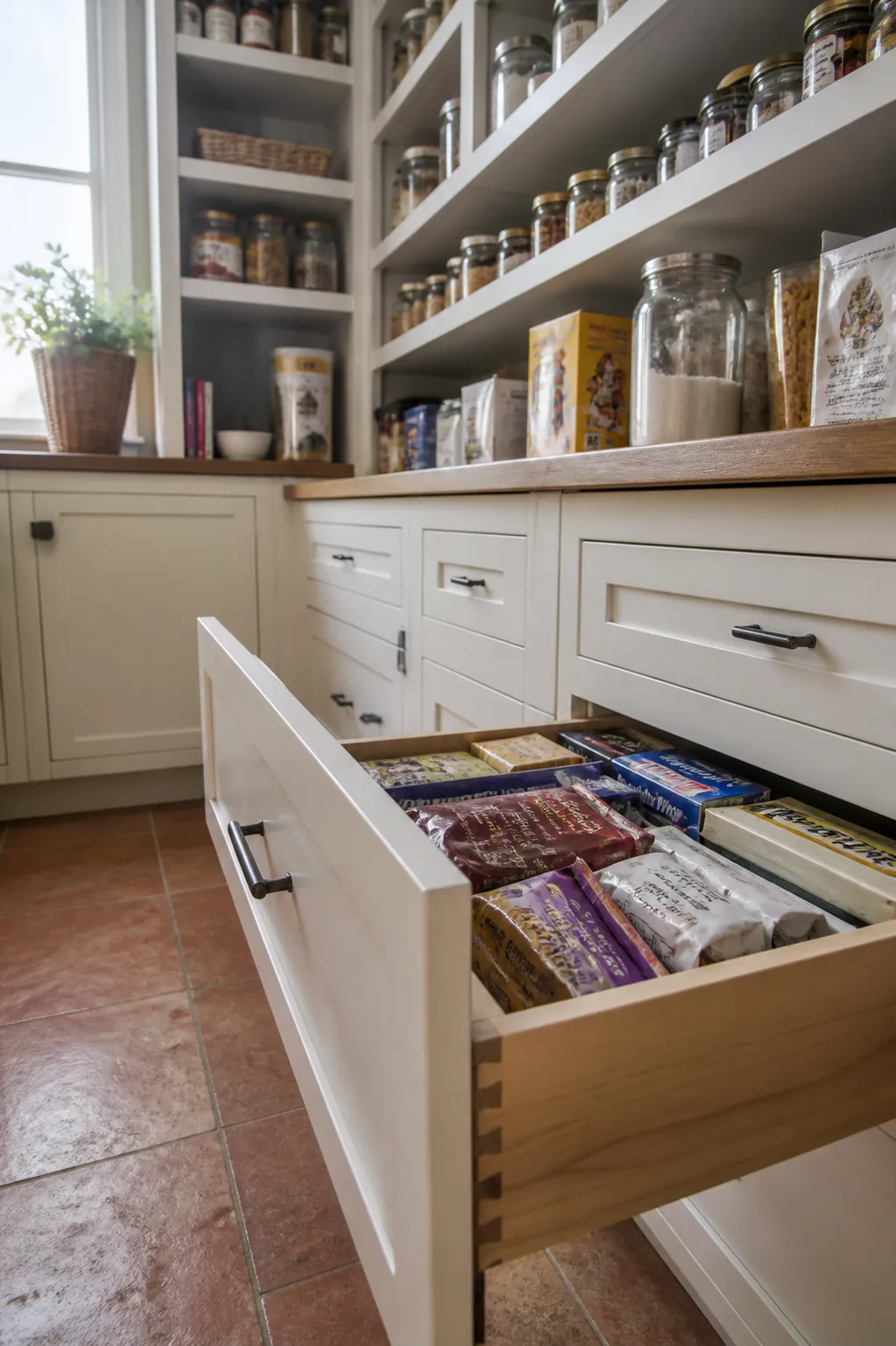L-shaped pantry with built-in drawers beneath open shelves