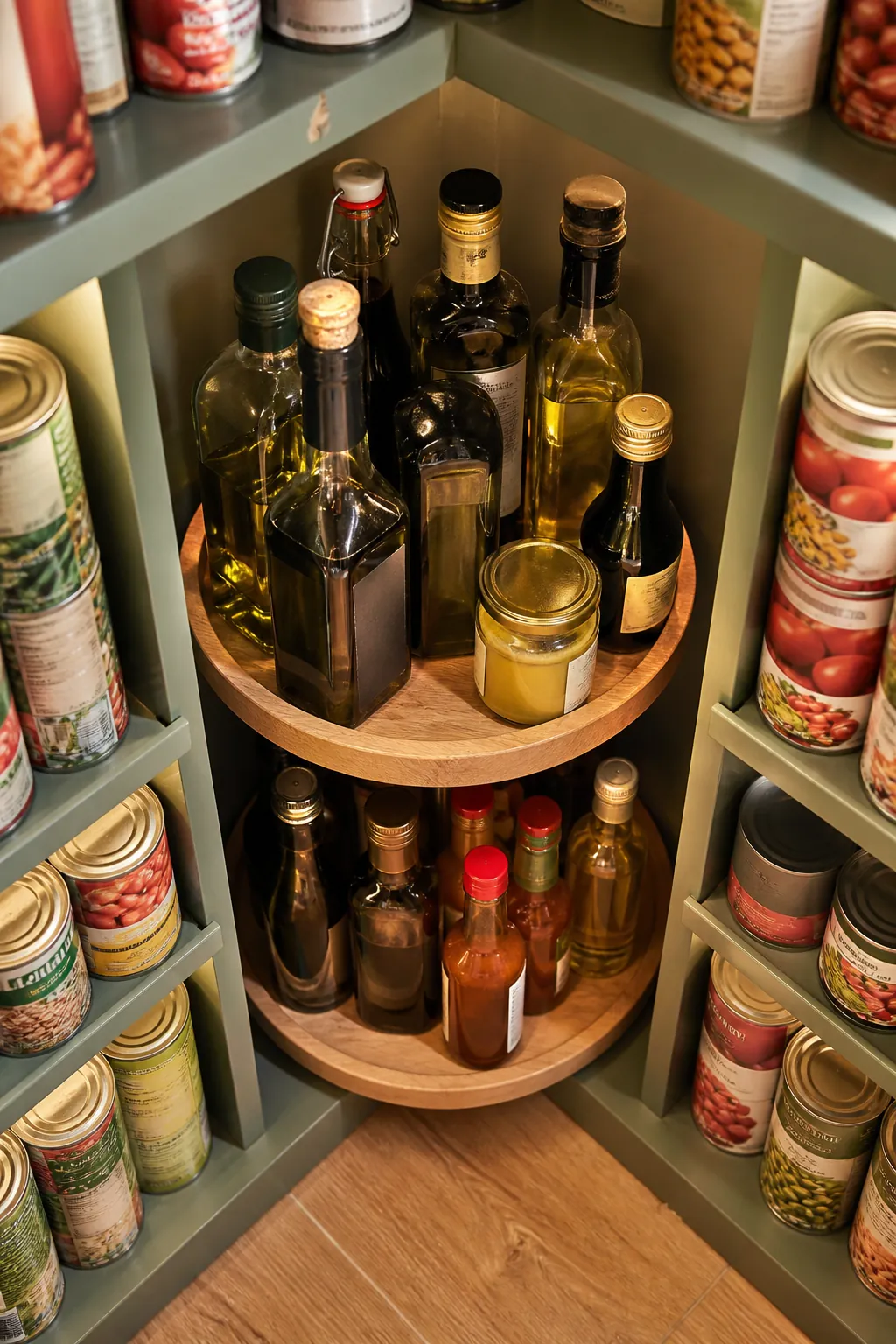 L-shaped pantry corner fitted with turntables for oils and condiments