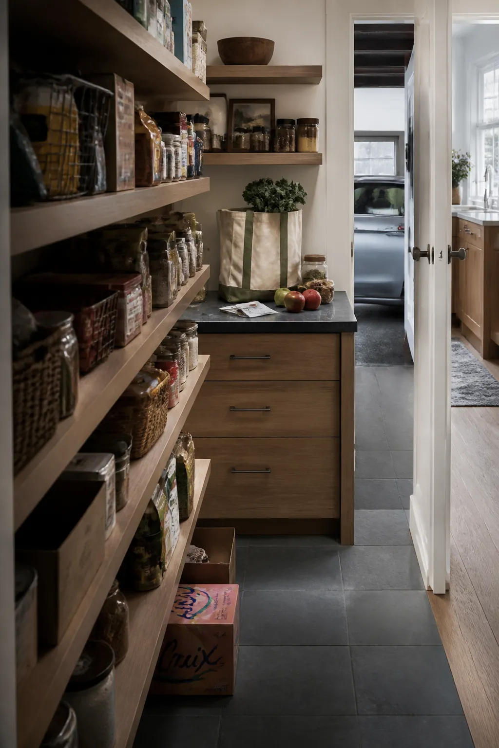 L-shaped pantry with a useful counter at the end of the long leg