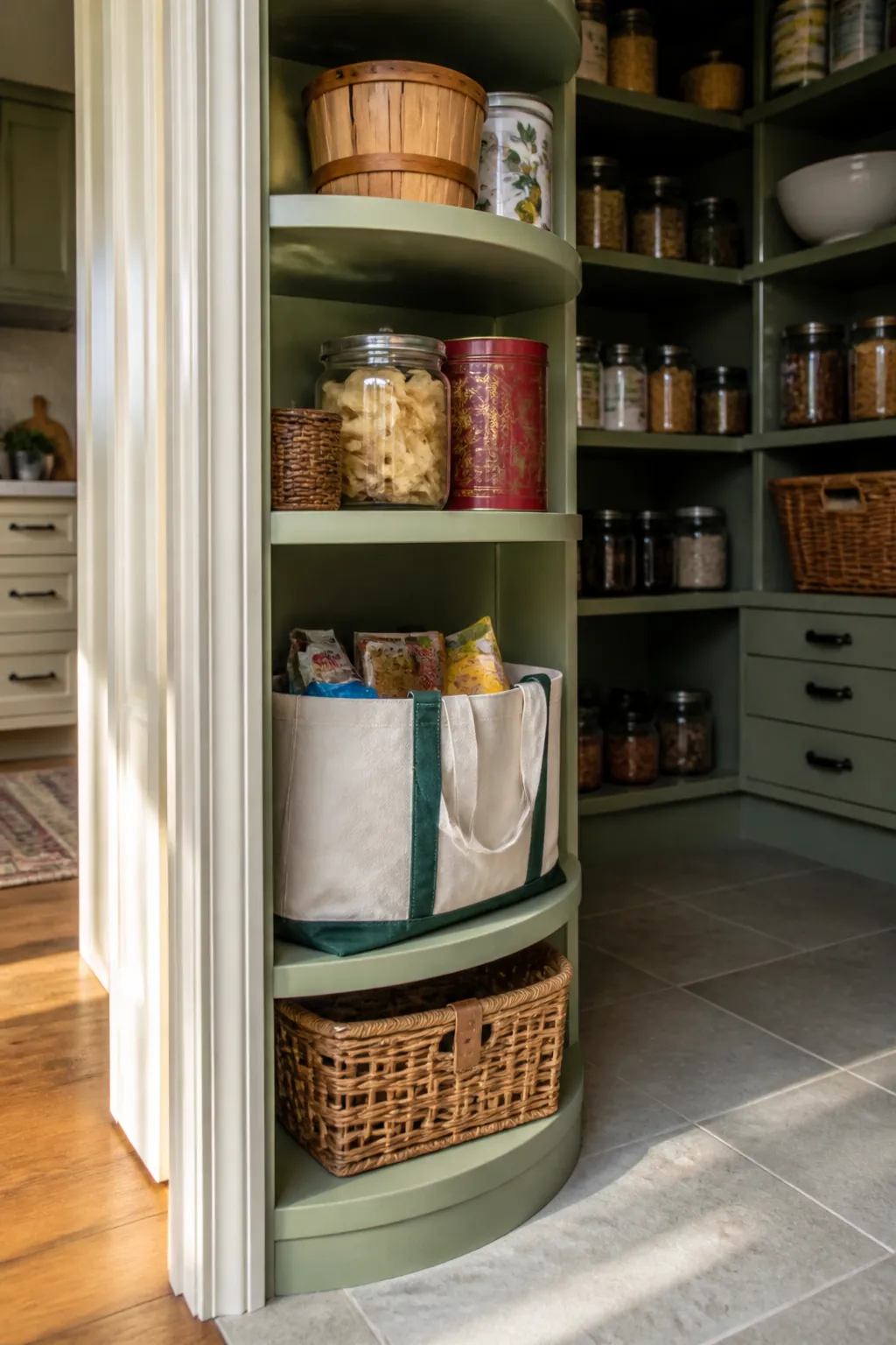 Wraparound L-shaped pantry shelves with a rounded outer corner