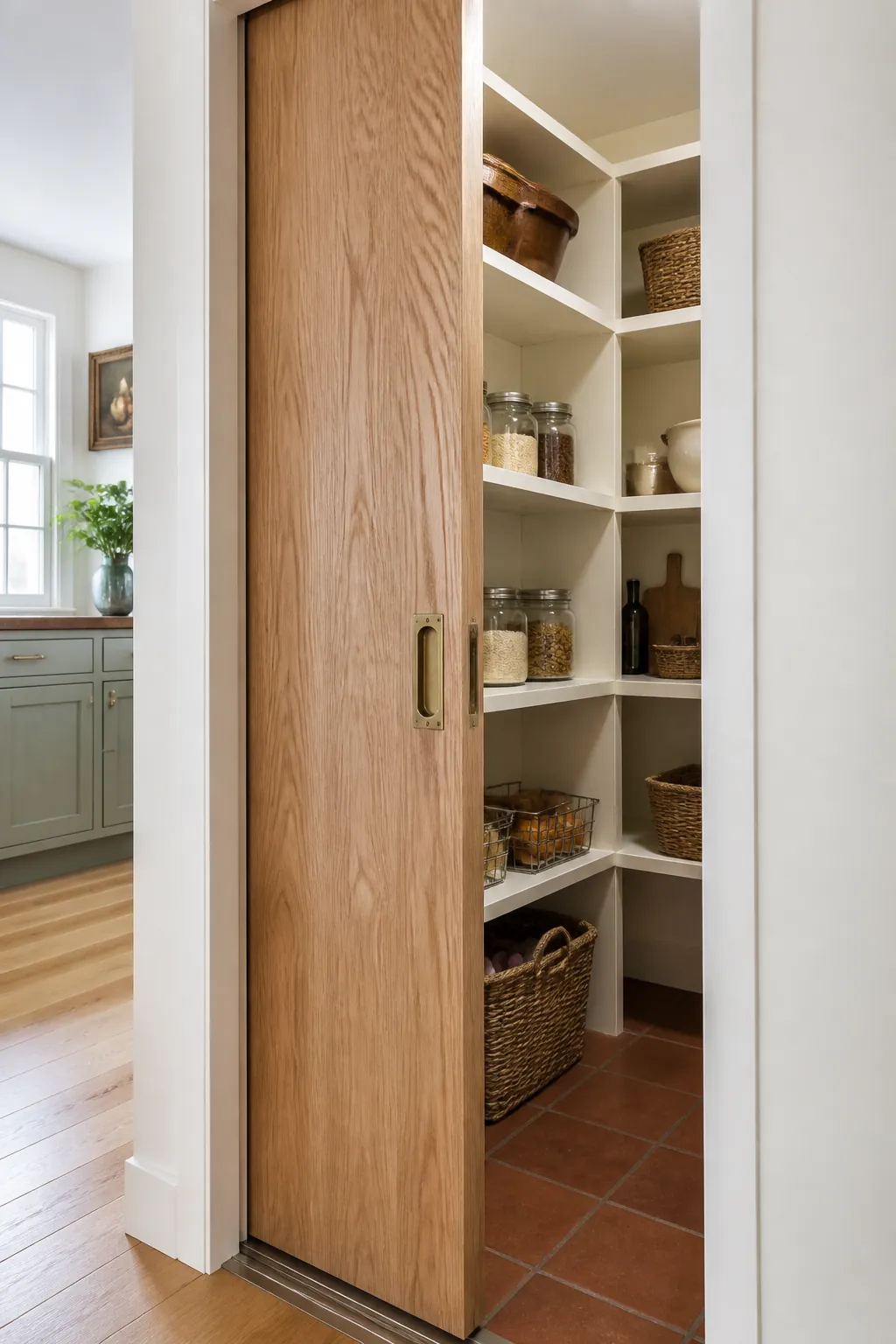 L-shaped walk-in pantry with a space-saving pocket door