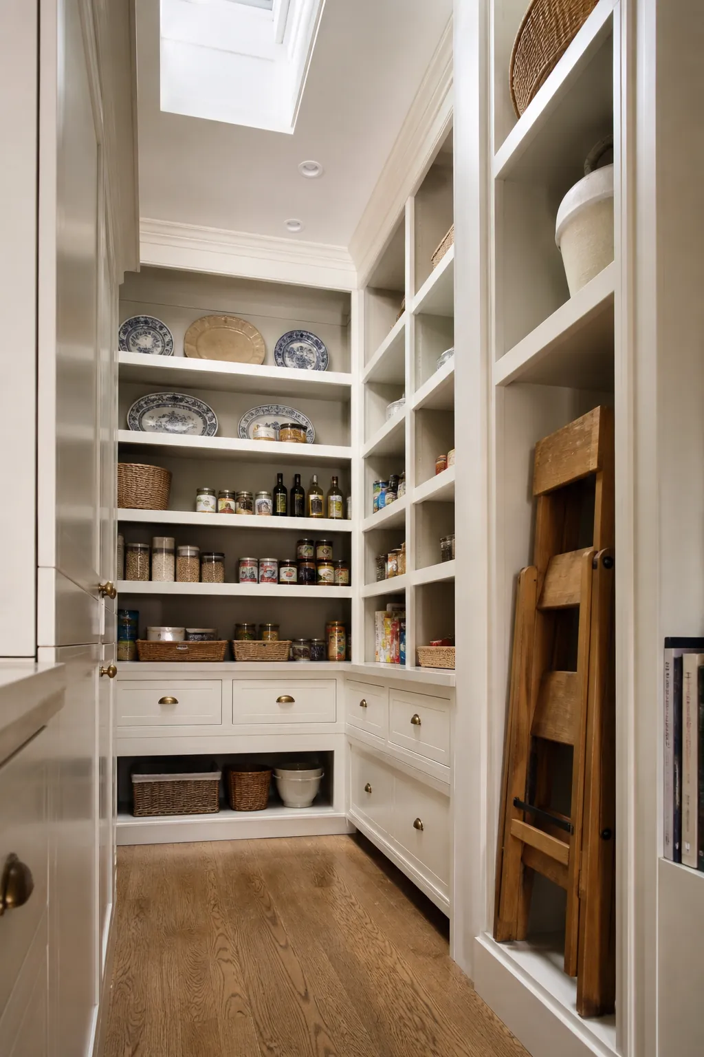 Floor-to-ceiling L-shaped pantry shelves with dedicated step-stool storage