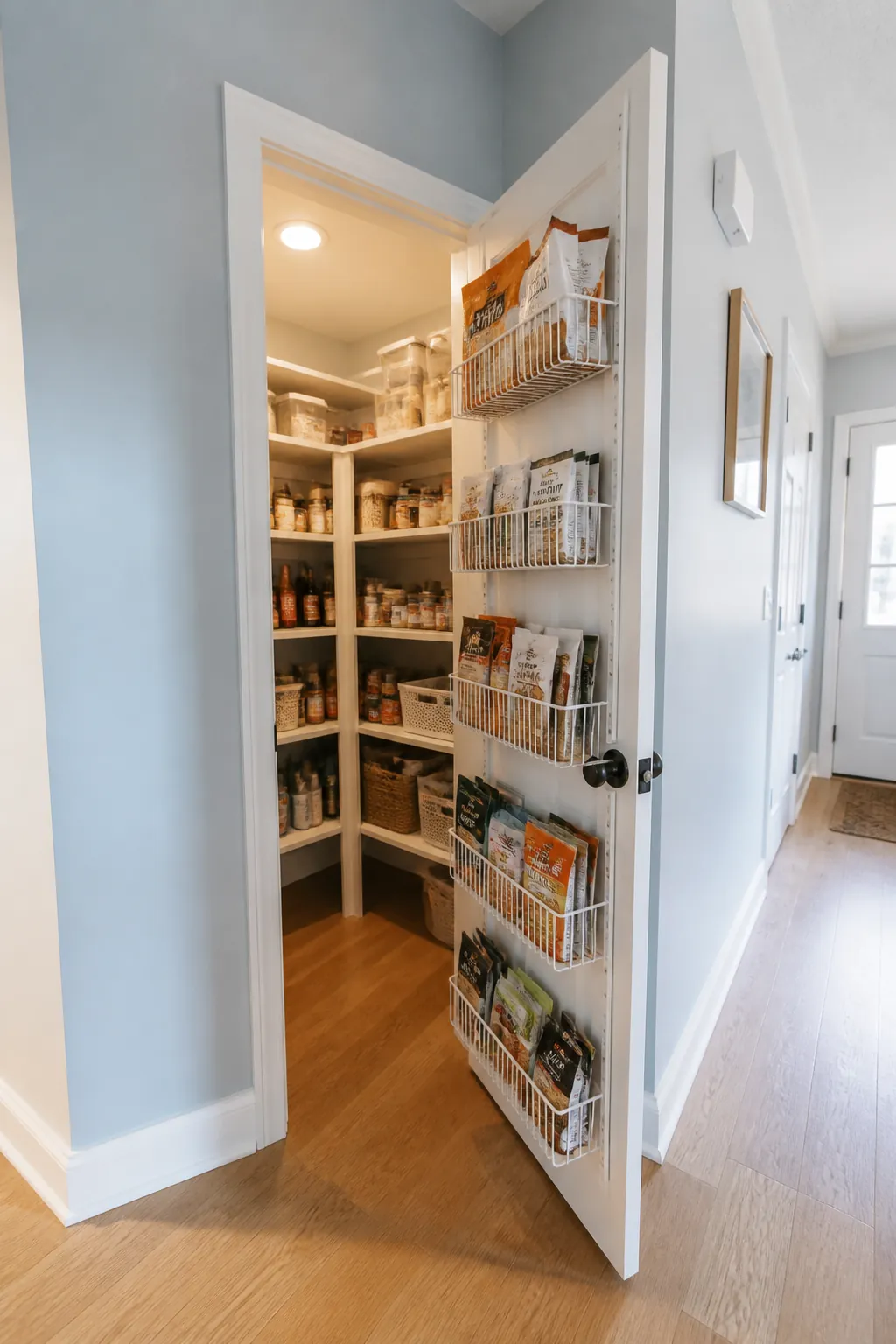 L-shaped pantry with outward-opening door and shallow storage