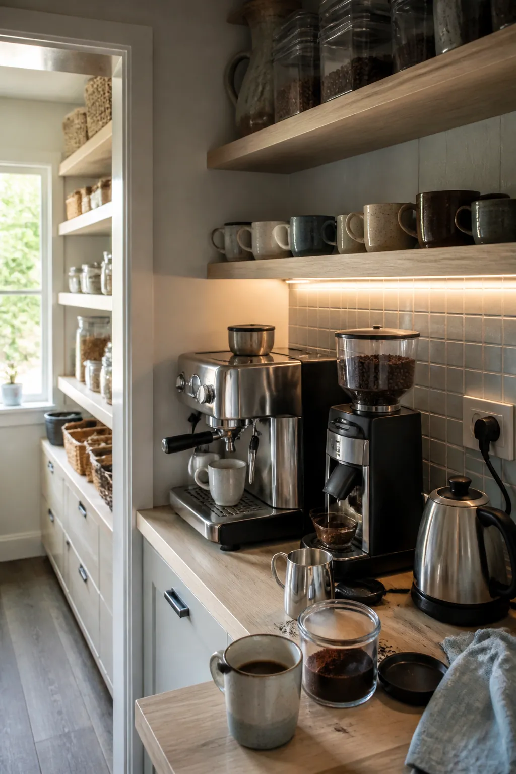 L-shaped pantry with coffee station arranged on the short leg