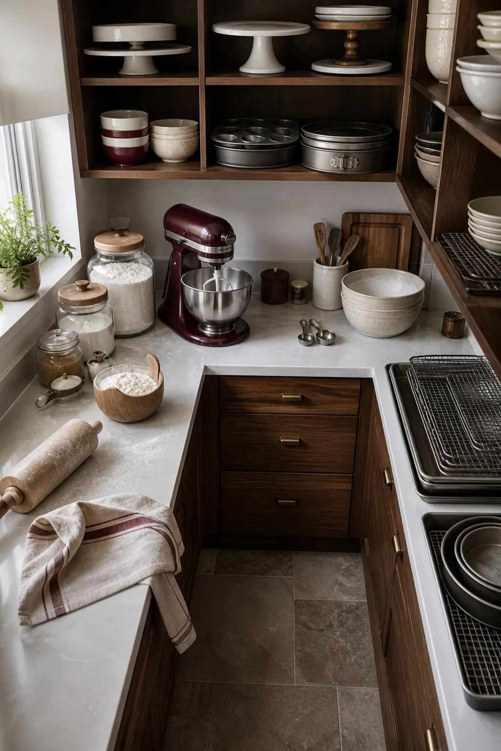 L-shaped pantry baking zone organized across the inside corner