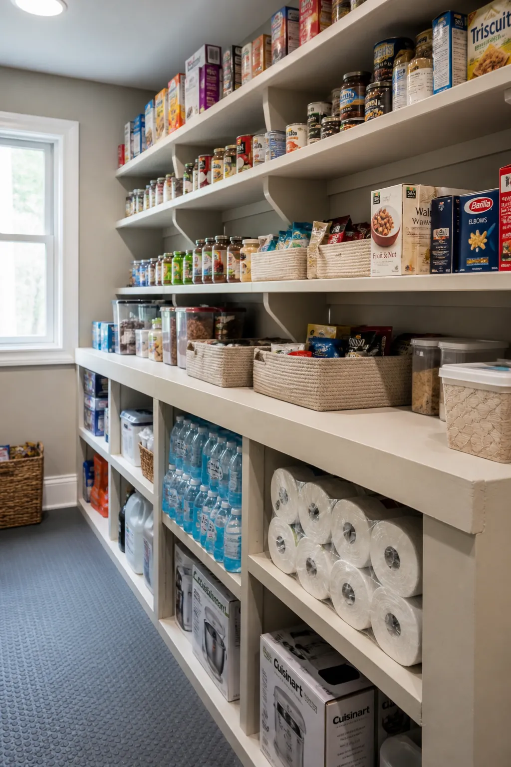 L-shaped pantry with deep lower shelves and shallow shelves above
