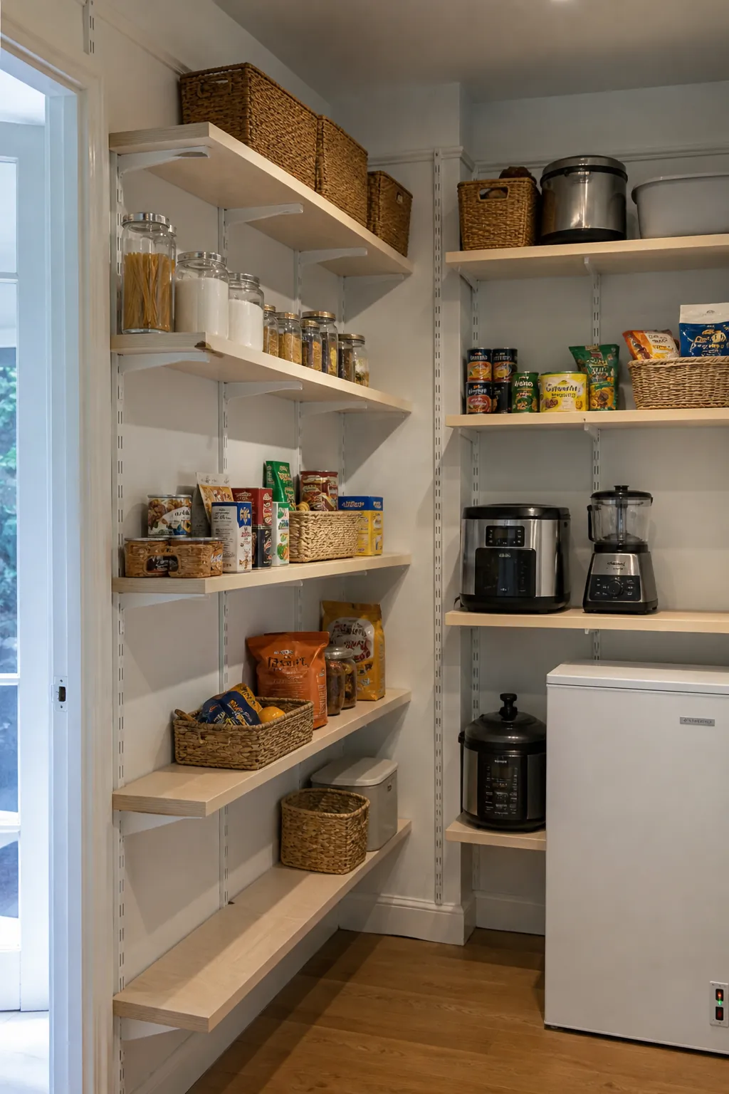 L-shaped pantry fitted with adjustable track shelving
