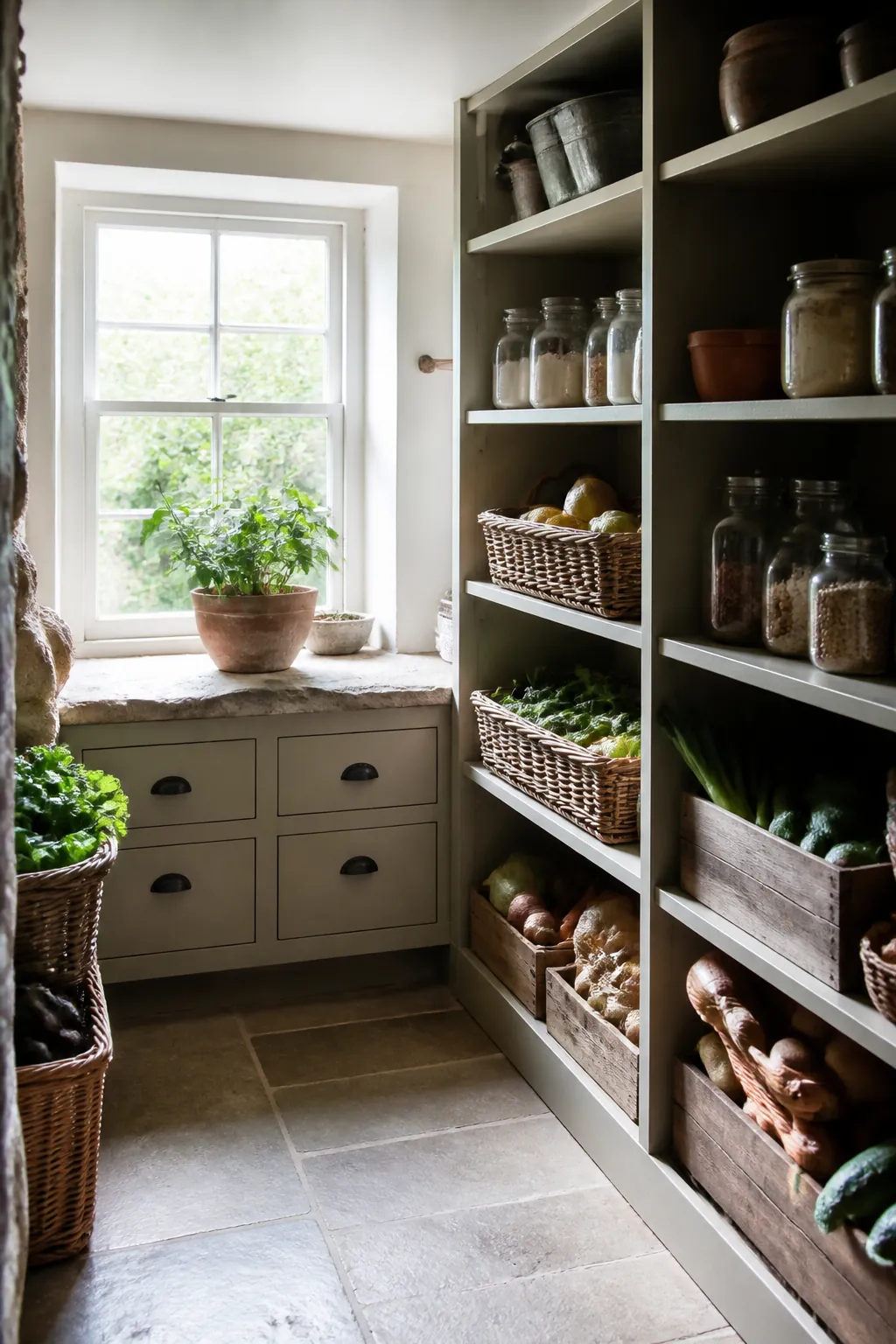 L-shaped pantry with low storage beneath a bright window wall