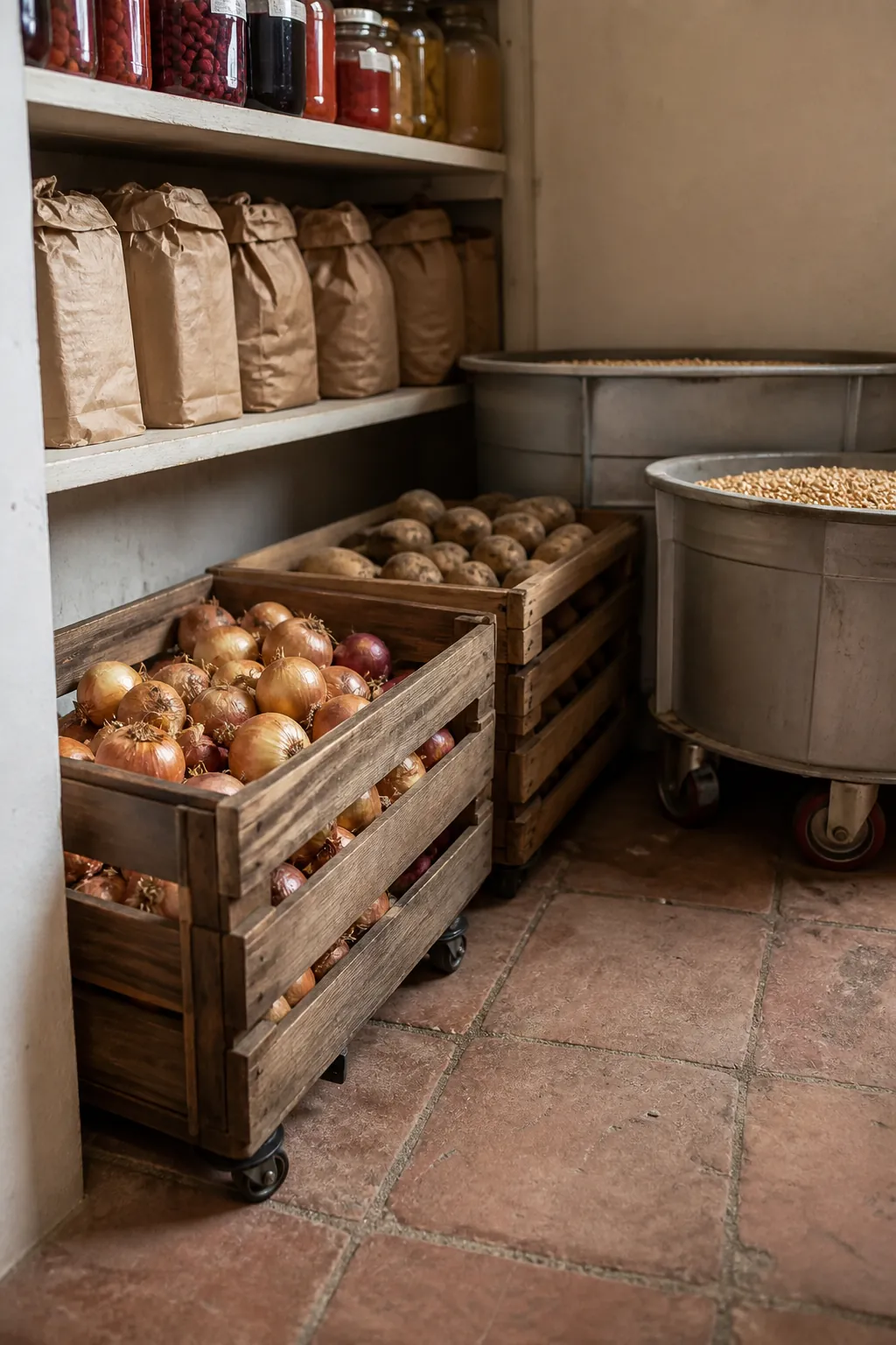 L-shaped pantry corner organized with produce crates and bulk bins