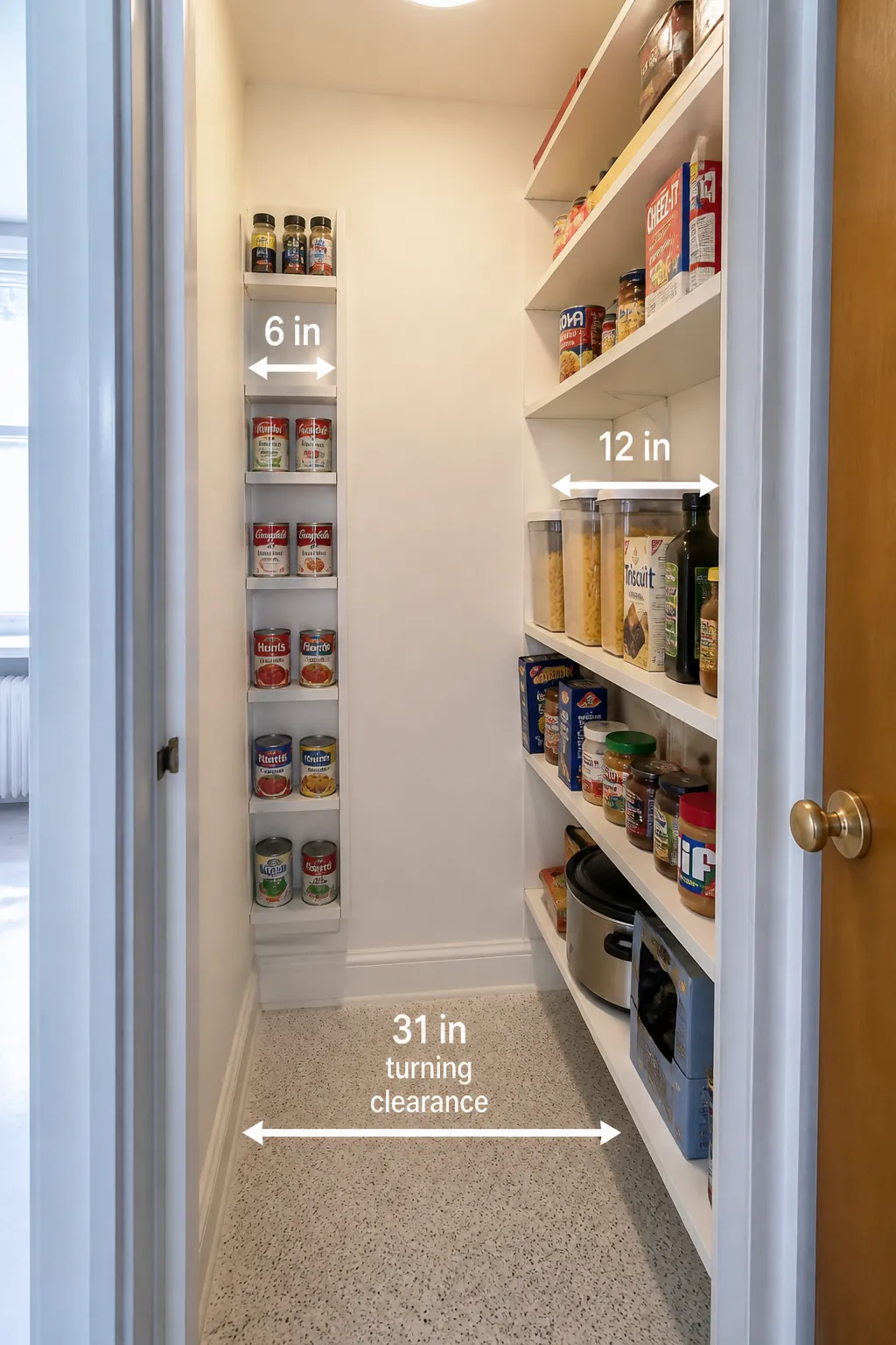 Small L-shaped pantry with half-depth shelving on the short leg