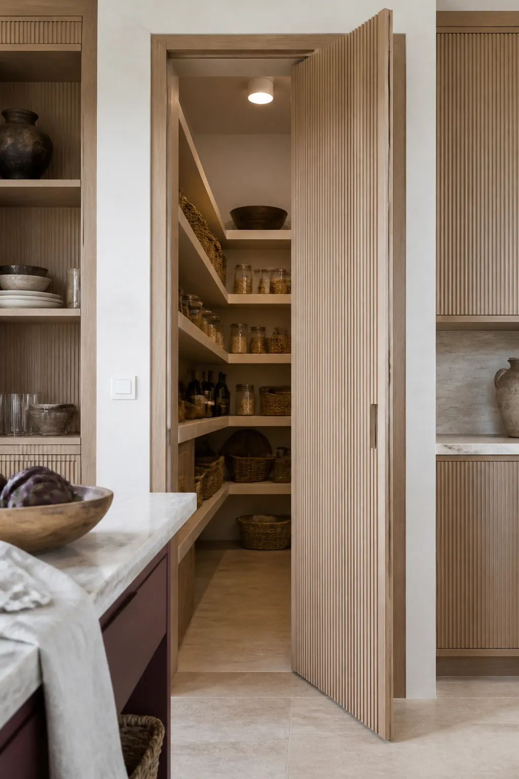 Hidden cabinet-panel entry opening into an L-shaped walk-in pantry