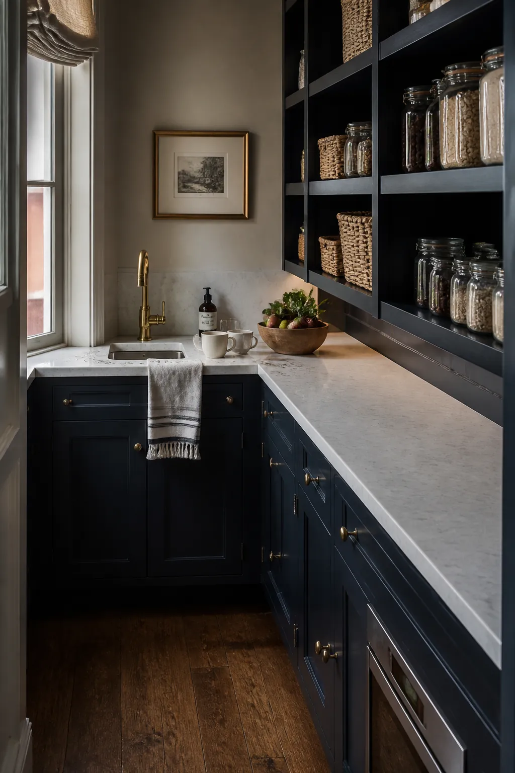 L-shaped butler pantry with compact sink on the short leg