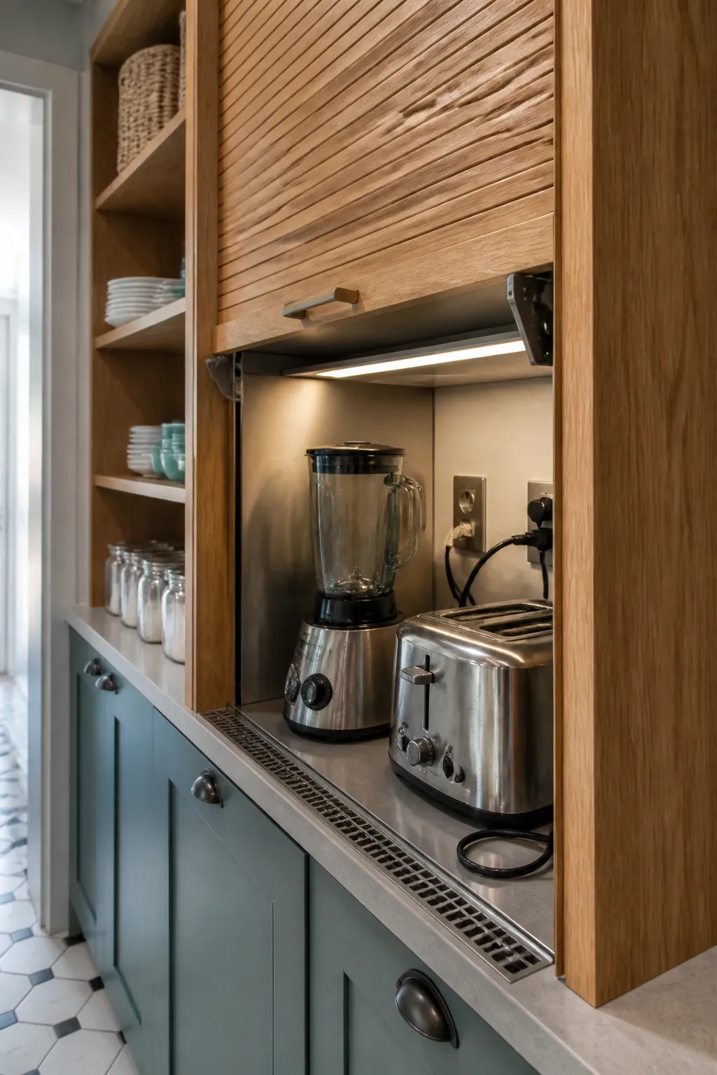 L-shaped pantry with lift-up appliance garage on the counter