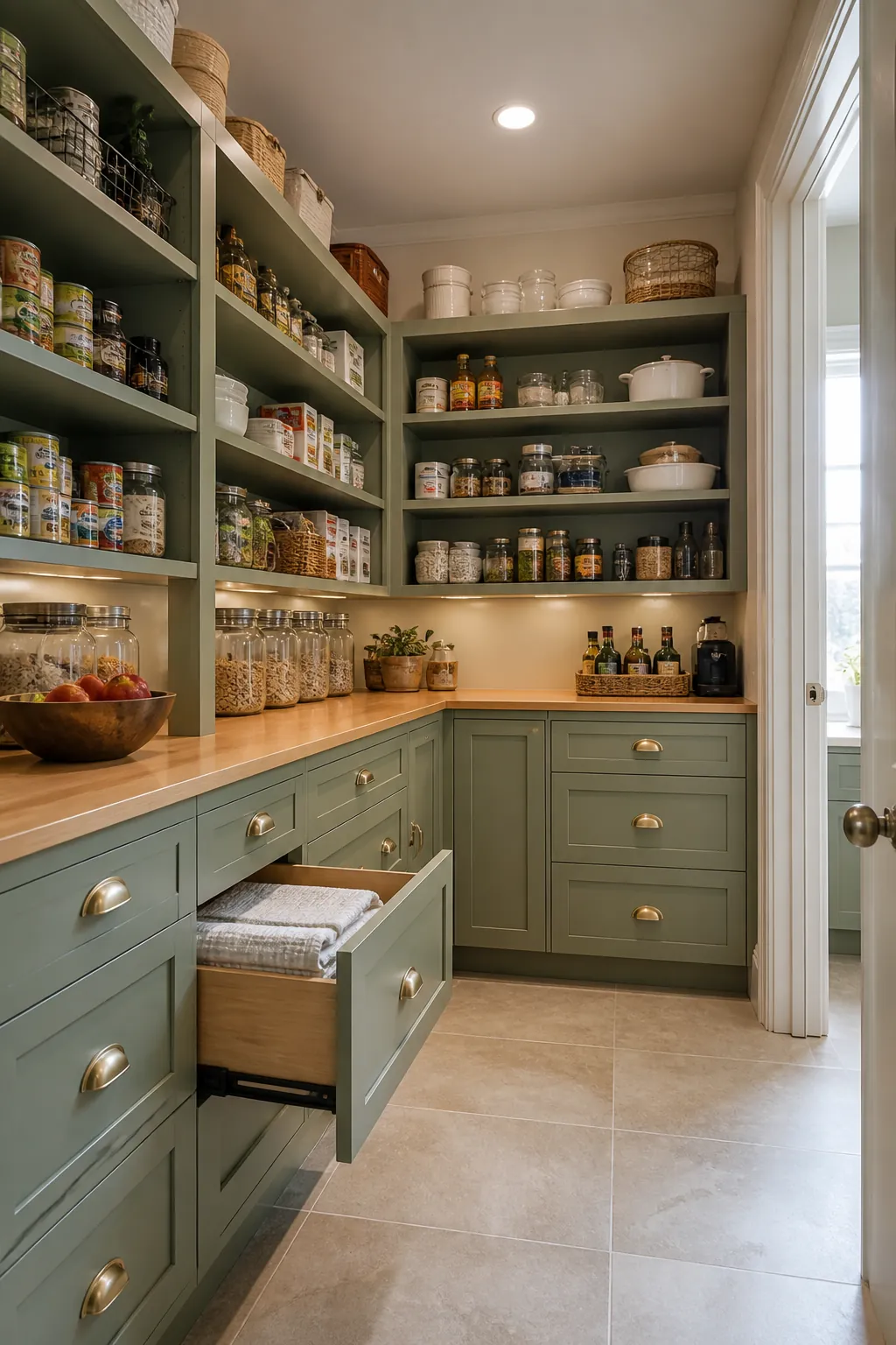 L-shaped pantry combining open shelves drawers and closed cabinets