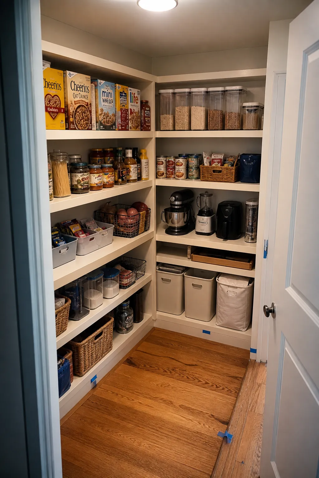 Practical L-shaped pantry layout planned for real package sizes