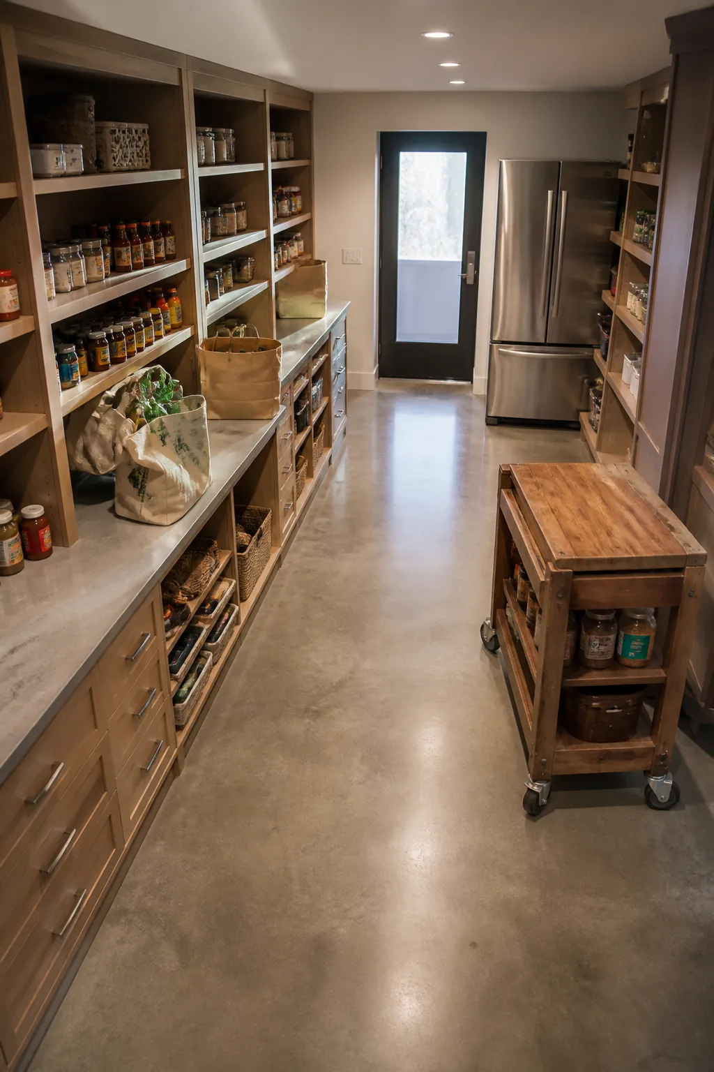 Large L-shaped walk-in pantry with wide aisle for two-person prep
