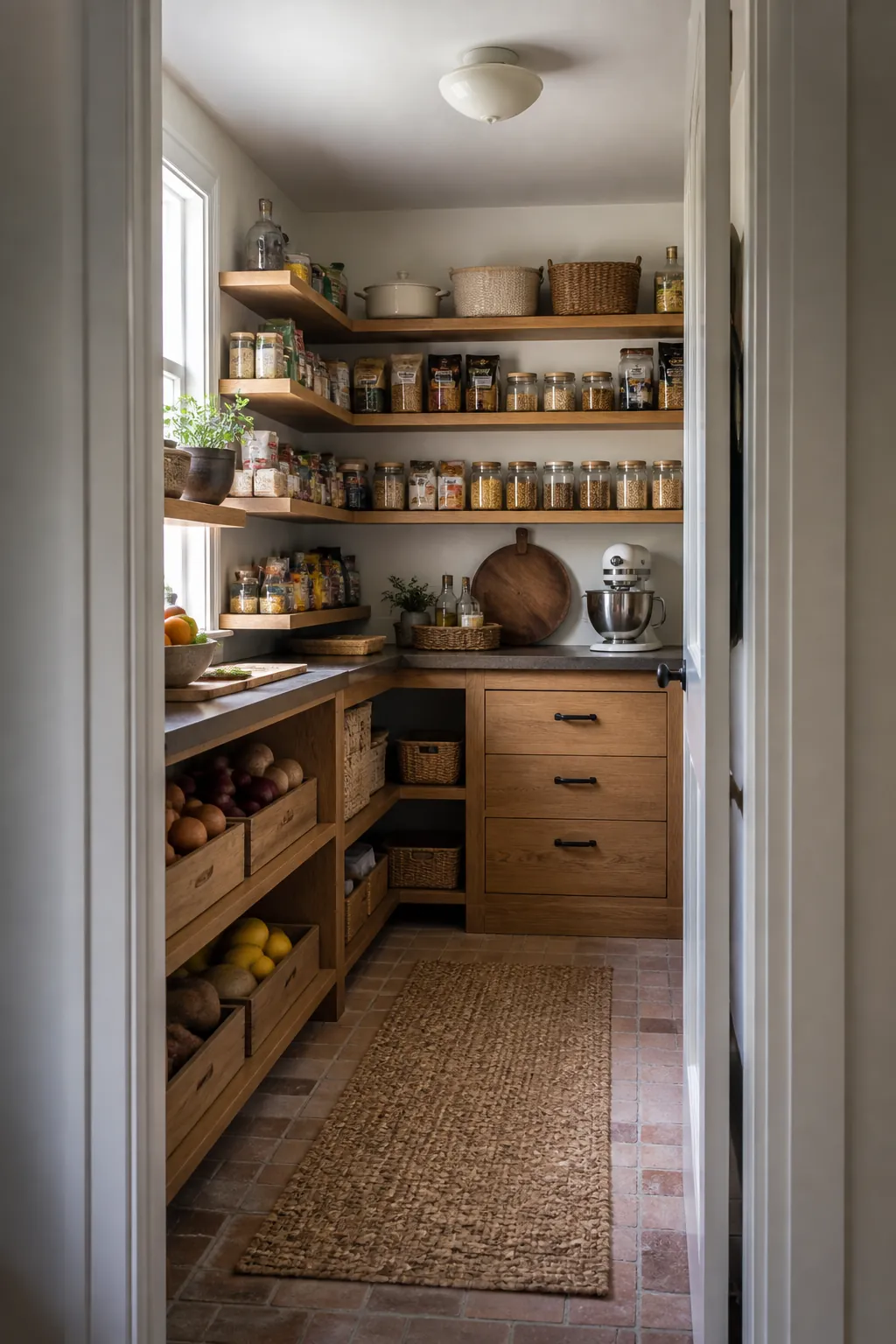 Warm organized walk-in pantry with practical shelves drawers and counter