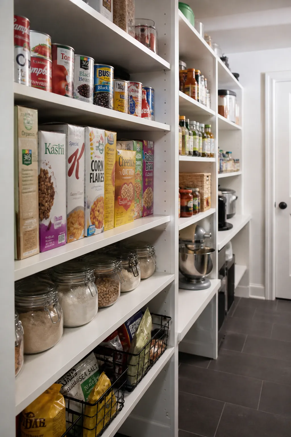 Walk-in pantry with shelf depths tailored to different packages