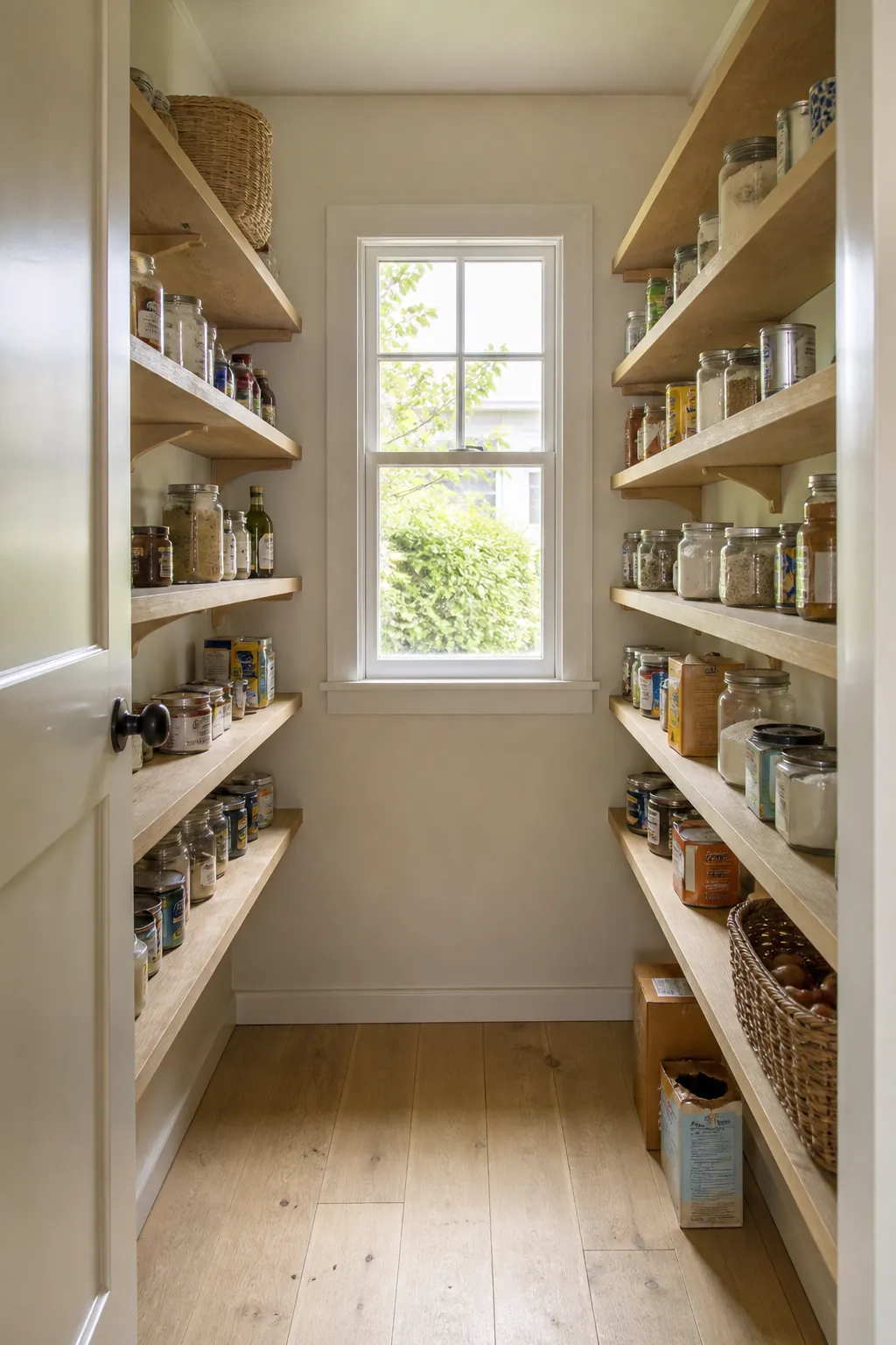 Walk-in pantry with shallow single-row food shelves