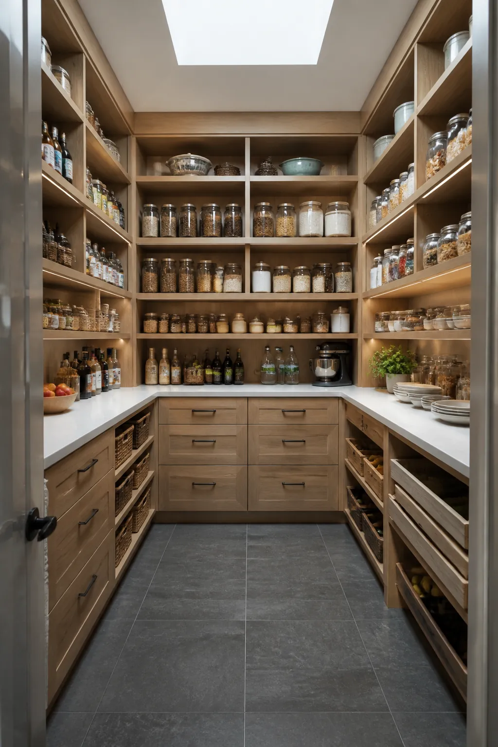 Wide U-shaped walk-in pantry with storage on three walls
