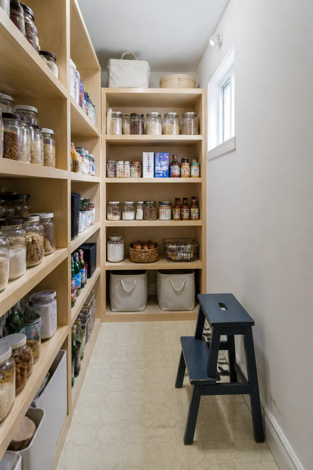 L-shaped walk-in pantry with one clear open wall