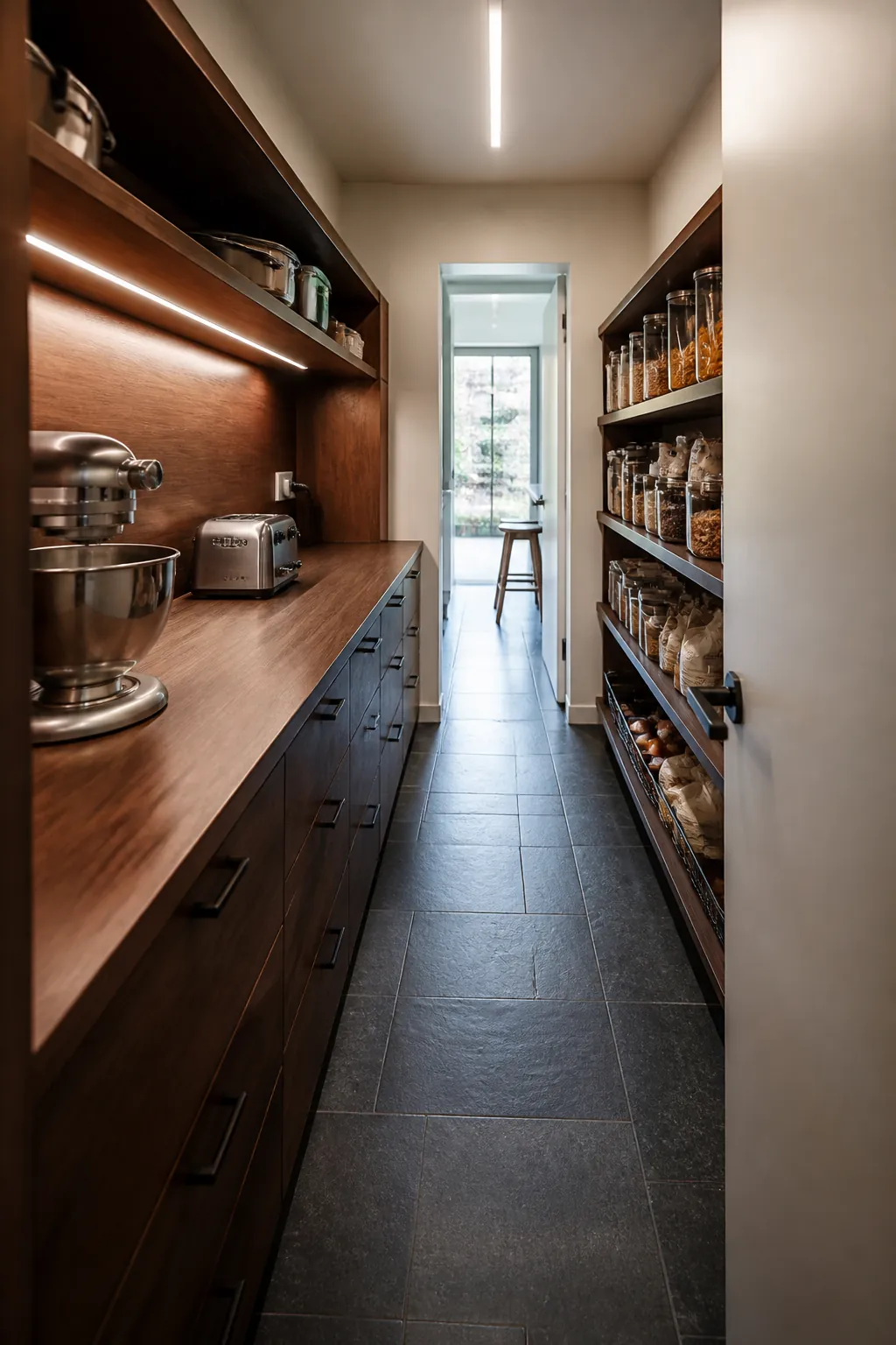 Galley walk-in pantry with deep counter and shallow shelves
