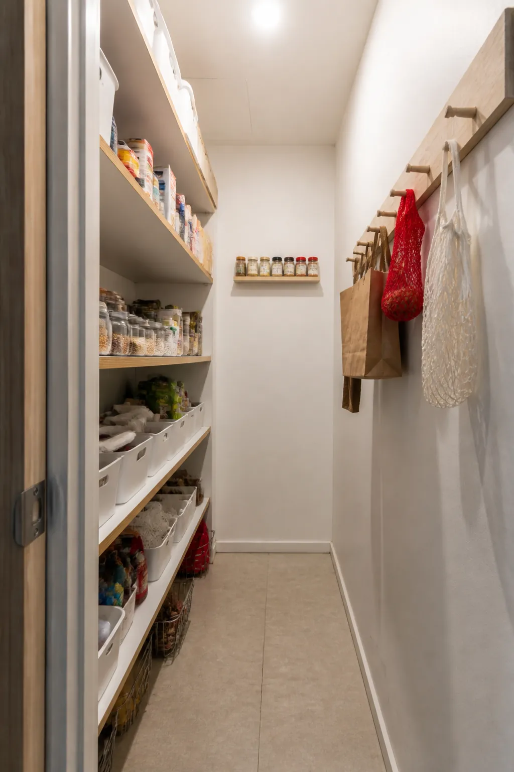 Narrow walk-in pantry with clear end wall and open aisle