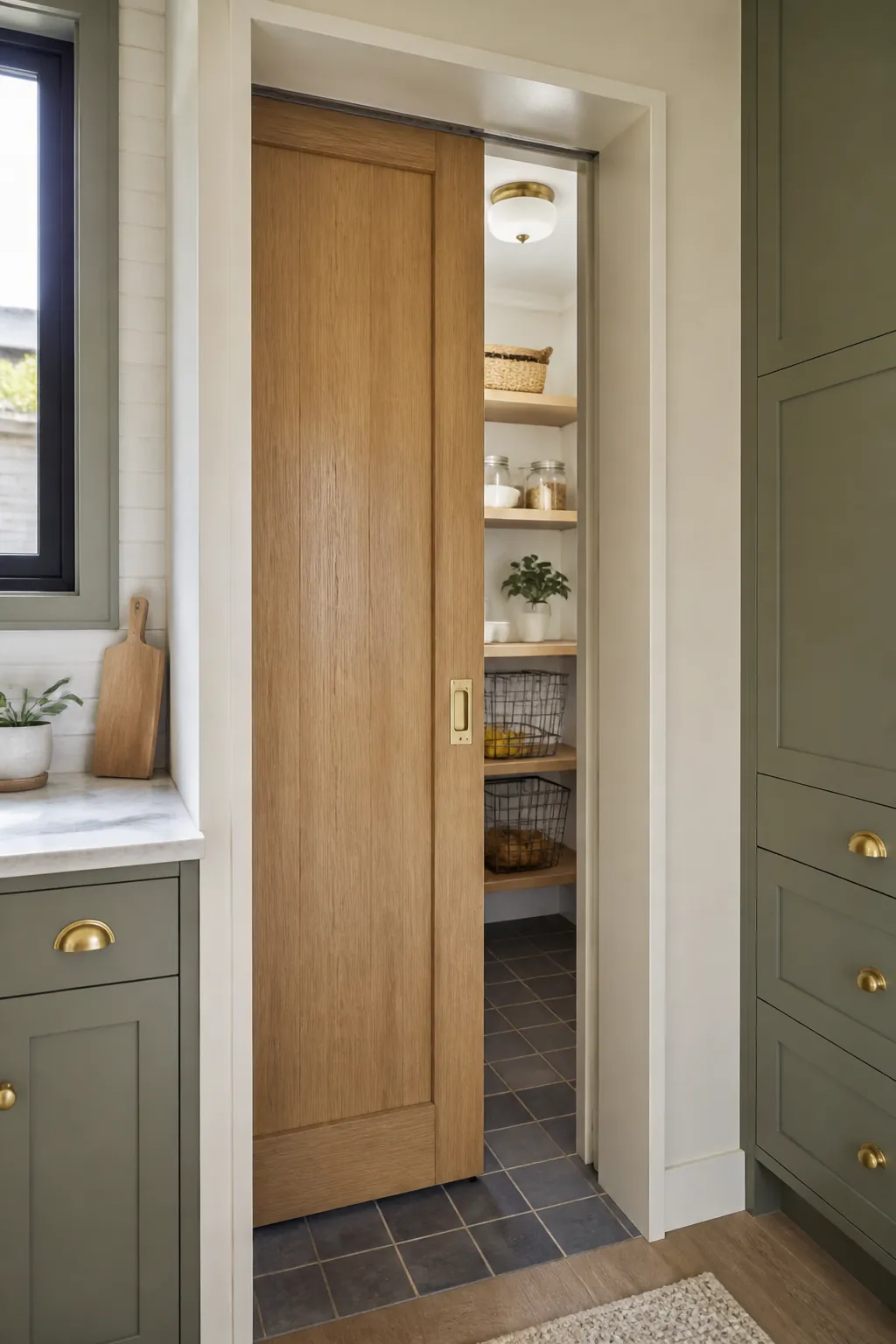 Walk-in pantry with pocket door preserving interior storage