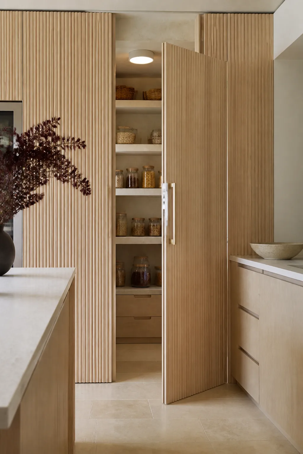 Hidden cabinet panel opening to a walk-in pantry