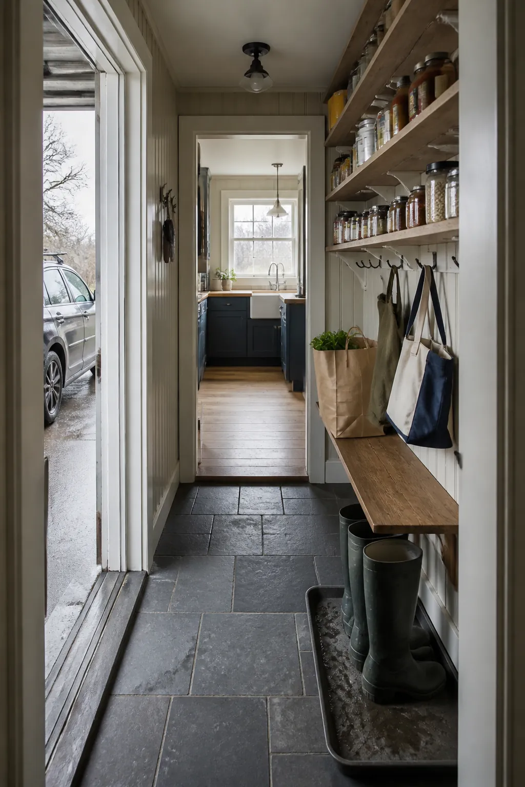 Walk-through pantry connecting garage entry and kitchen
