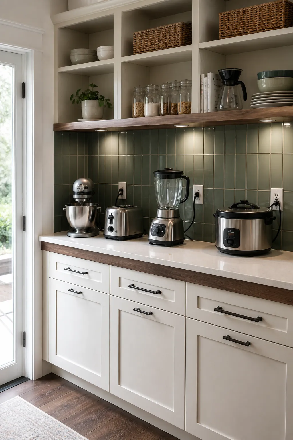 Walk-in pantry appliance counter with safe outlets and storage